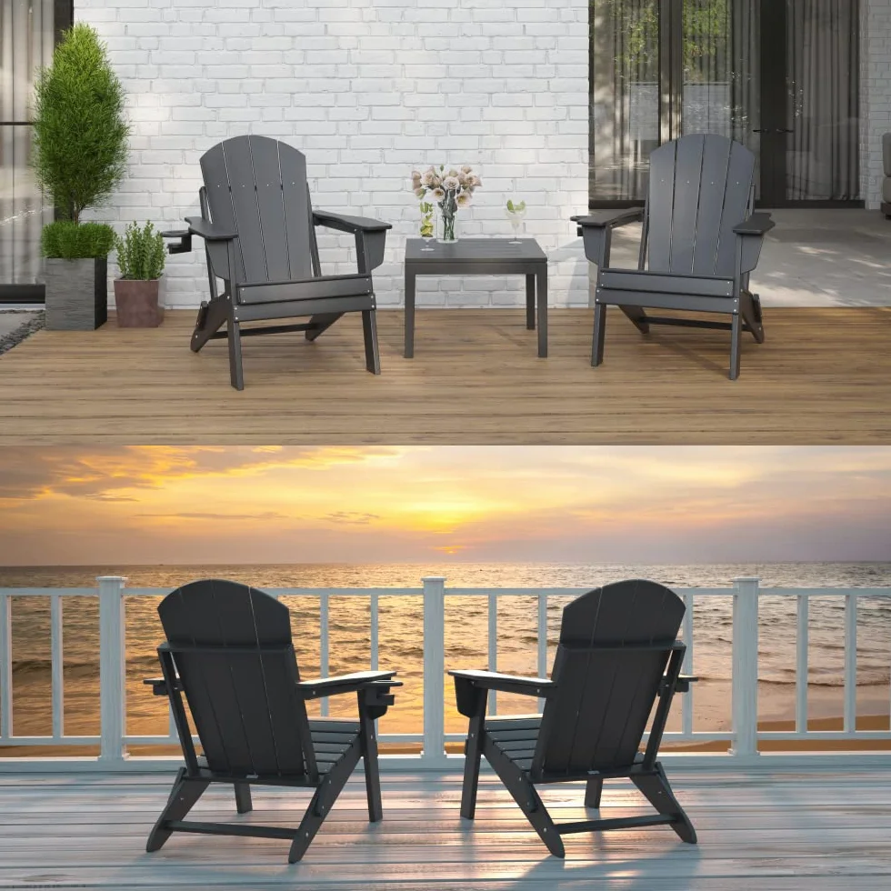 Adirondack Folding Chair for Garden, Patio or Deck - Arm Rests and Cup Holder - Lightweight, Weatherproof - Stylish, Durable Outdoor Furniture for Fire Pit, Beach, Poolside, Porch (Black)