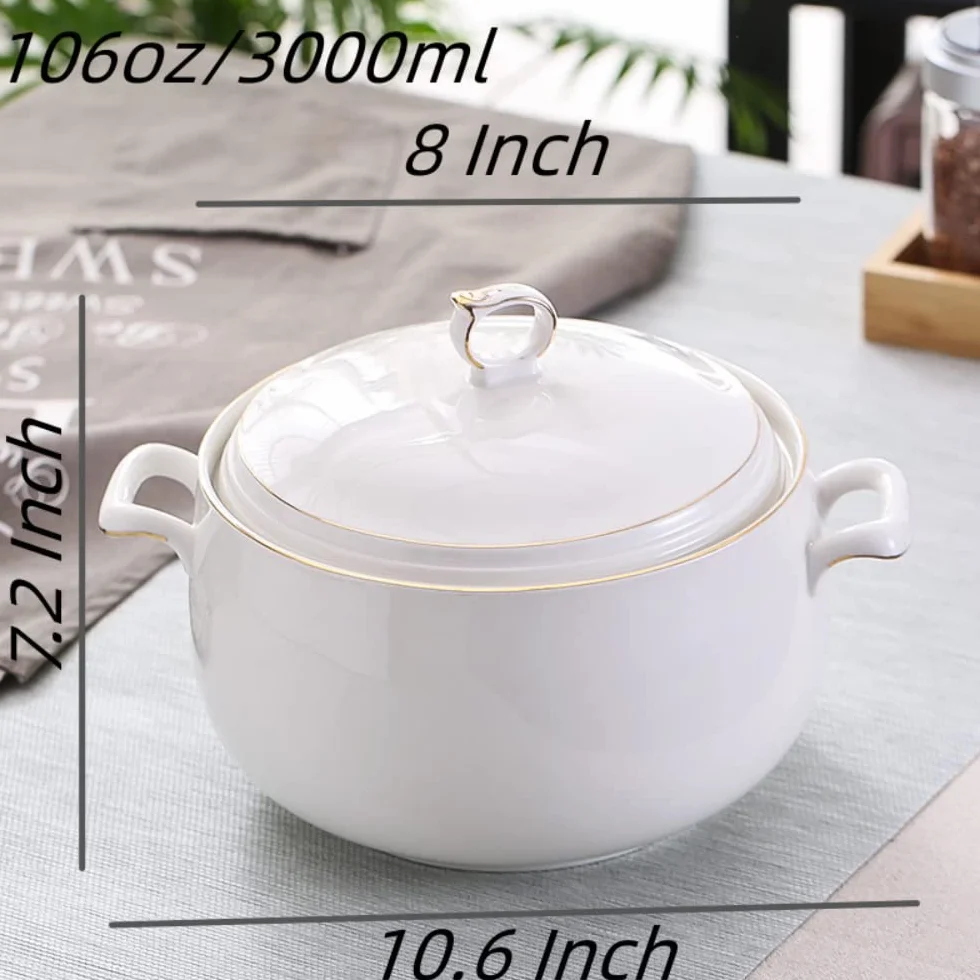 Ceramiczna waza do zupy z pokrywką, duża pojemność 3L, waza do serwowania z podwójnymi uchwytami do kuchni, porcelana, biała ze złotym wykończeniem, nadaje się do kuchenki mikrofalowej i zmywarki