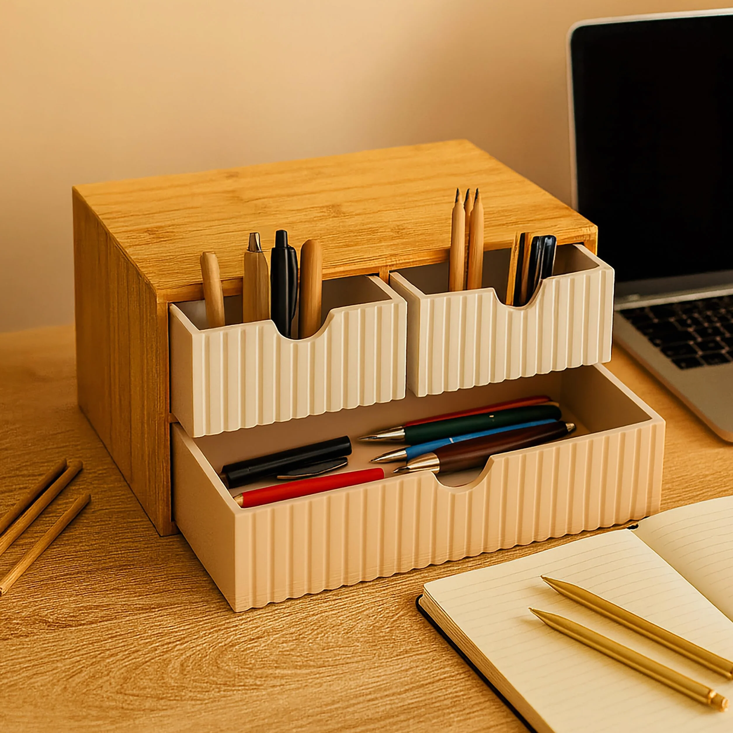 Relaxdays Pudełko z szufladami, bambus i MDF, 3 rowkowane szuflady, wys. x gł.: 15 x 30 x 20 cm, organizer na biurko, biały/różowy