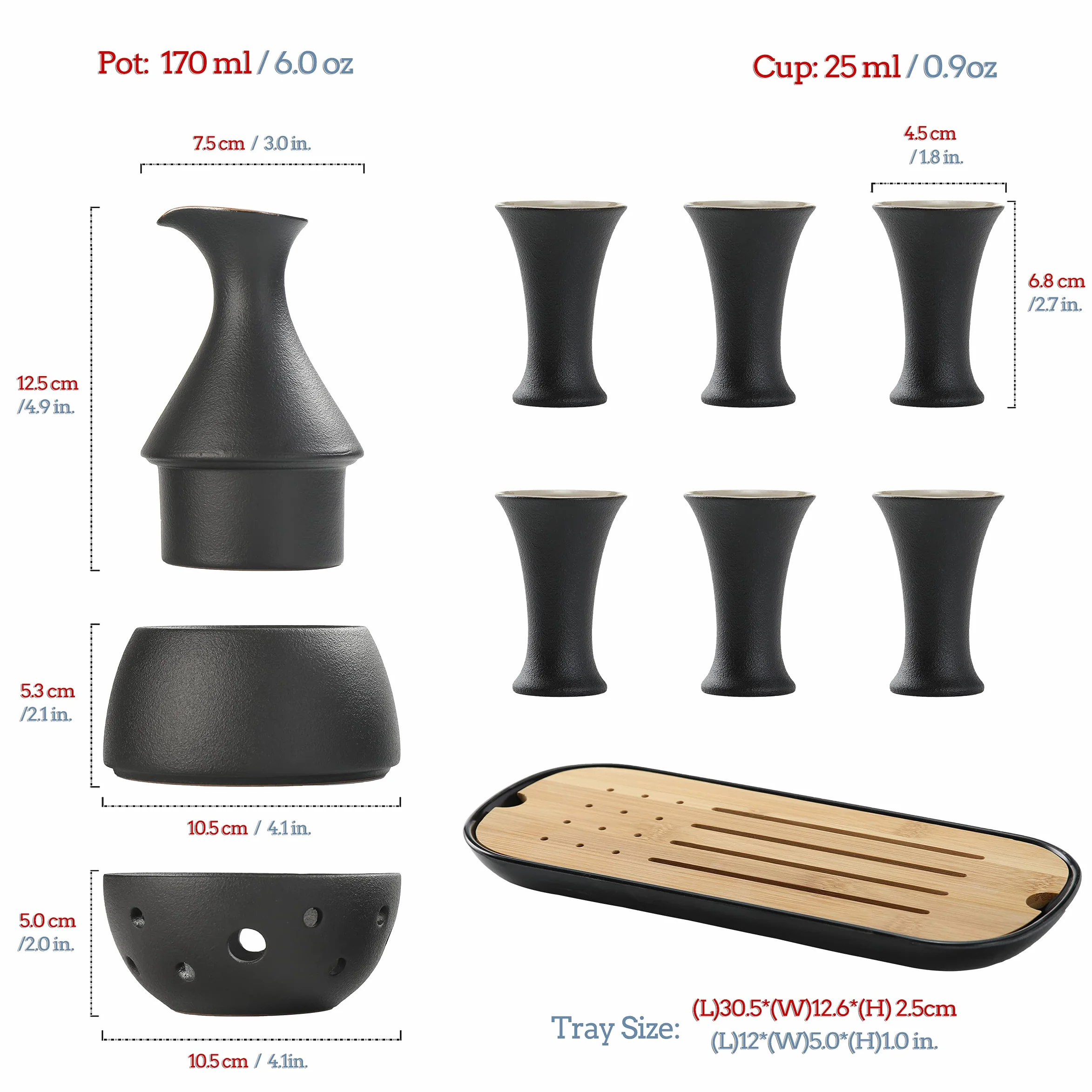 TEANAGOO Tradycyjny japoński zestaw do sake, karafka do sake (170 g) z 6 kubkami do sake (25,5 g) do gorącego lub zimnego japońskiego likieru soju z tacą bambusową do serwowania zestawów upominkowych