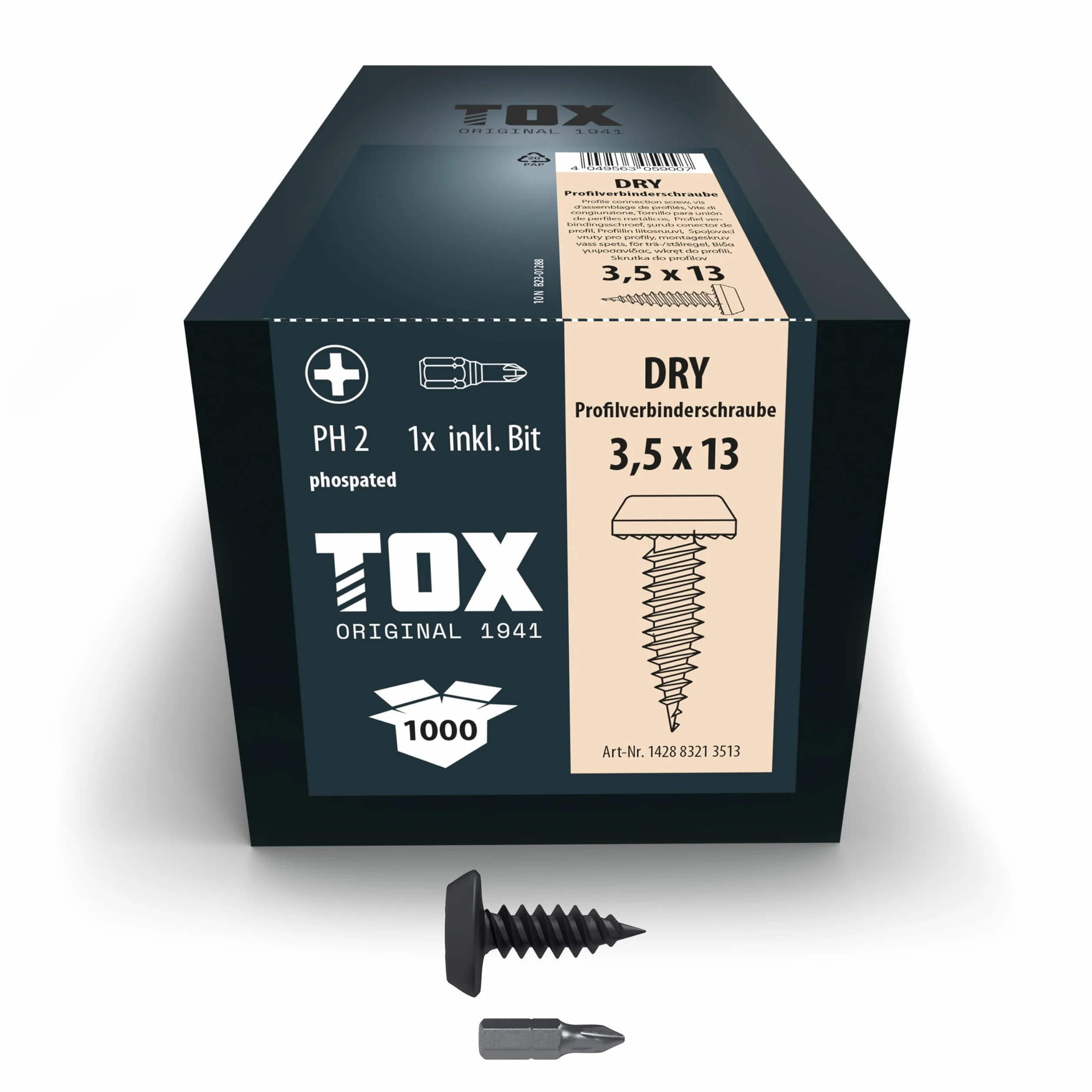 TOX Śruby łączące profilowe DRY PV 3,5 x 13 mm, wkręty czarne fosforanowane z panhead + drobny gwint, do łączenia profili CW lub blach, PH2, 1000 sztuk, w zestawie 1 x bit, 142883213513