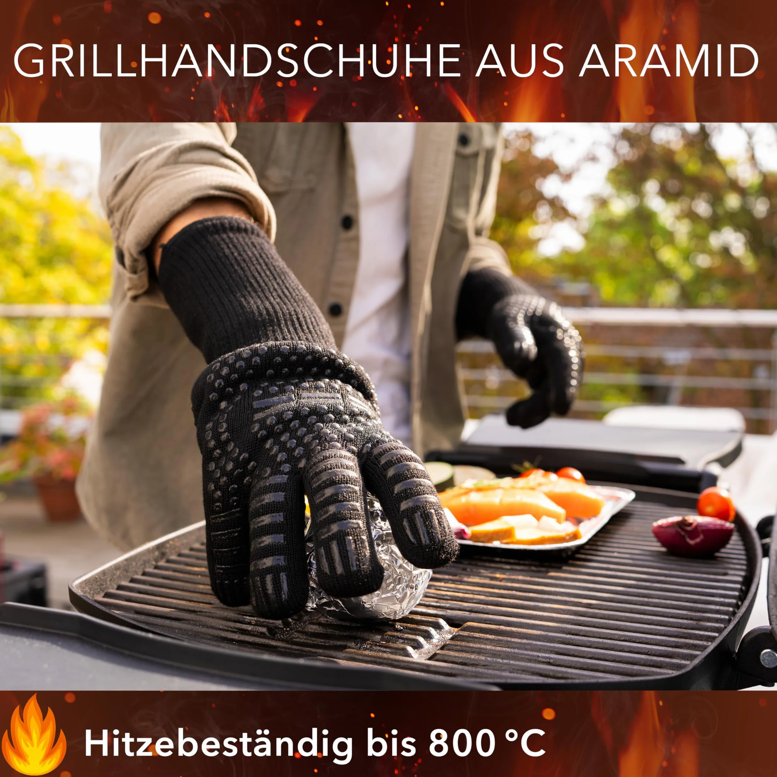 AVANA Aramid rękawice do grilla, odporne na wysokie temperatury do 800°C, rękawice do pieczenia, rękawice do garnków, rozmiar uniwersalny, czarne
