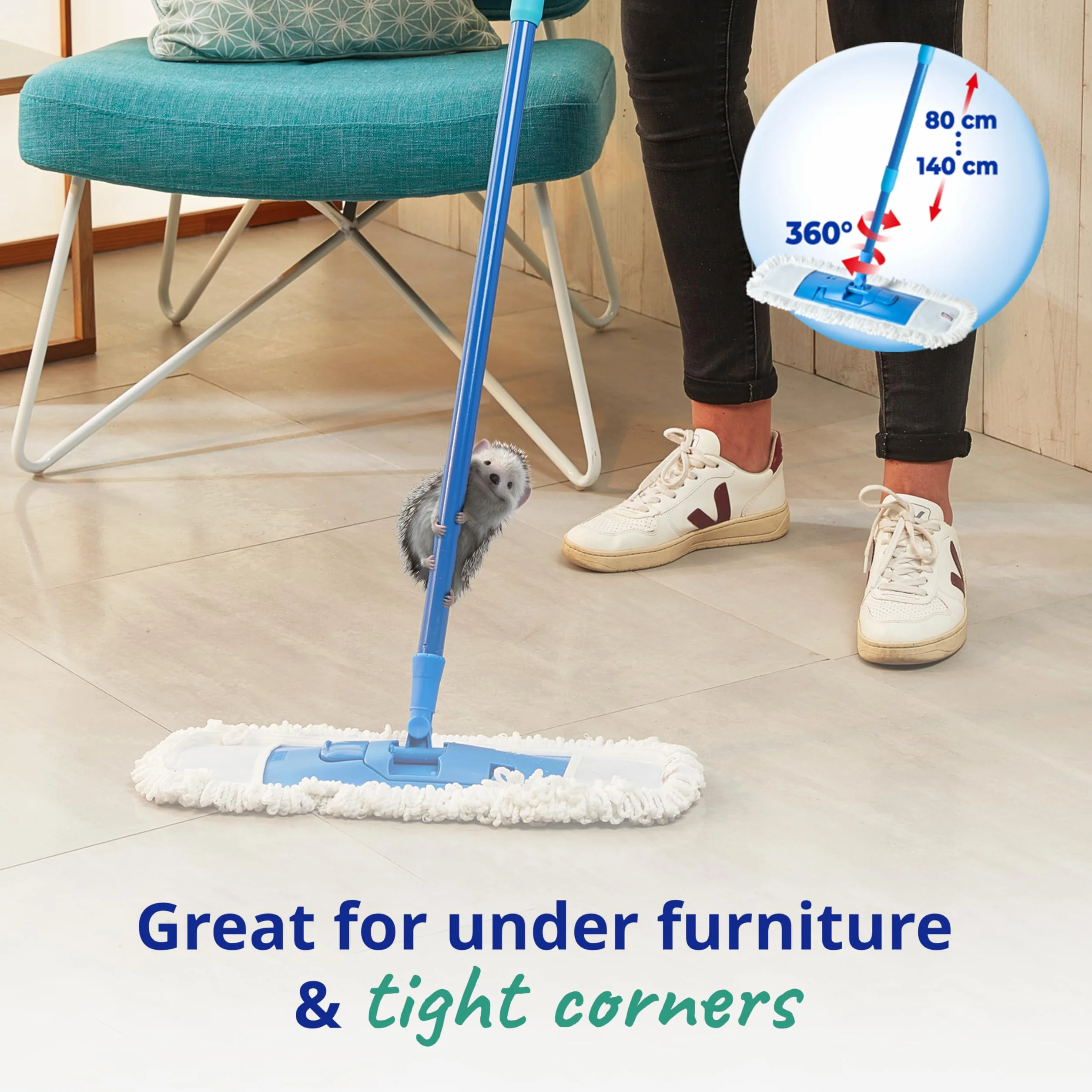 Spontex Bardzo płaski mop | wszechstronny mop z mikrofibry do mopa na mokro i sucho, regulowana długość (80-140 cm) | czyści podłogi laminowane, drewniane i płytki | 2 x wkłady do mopa