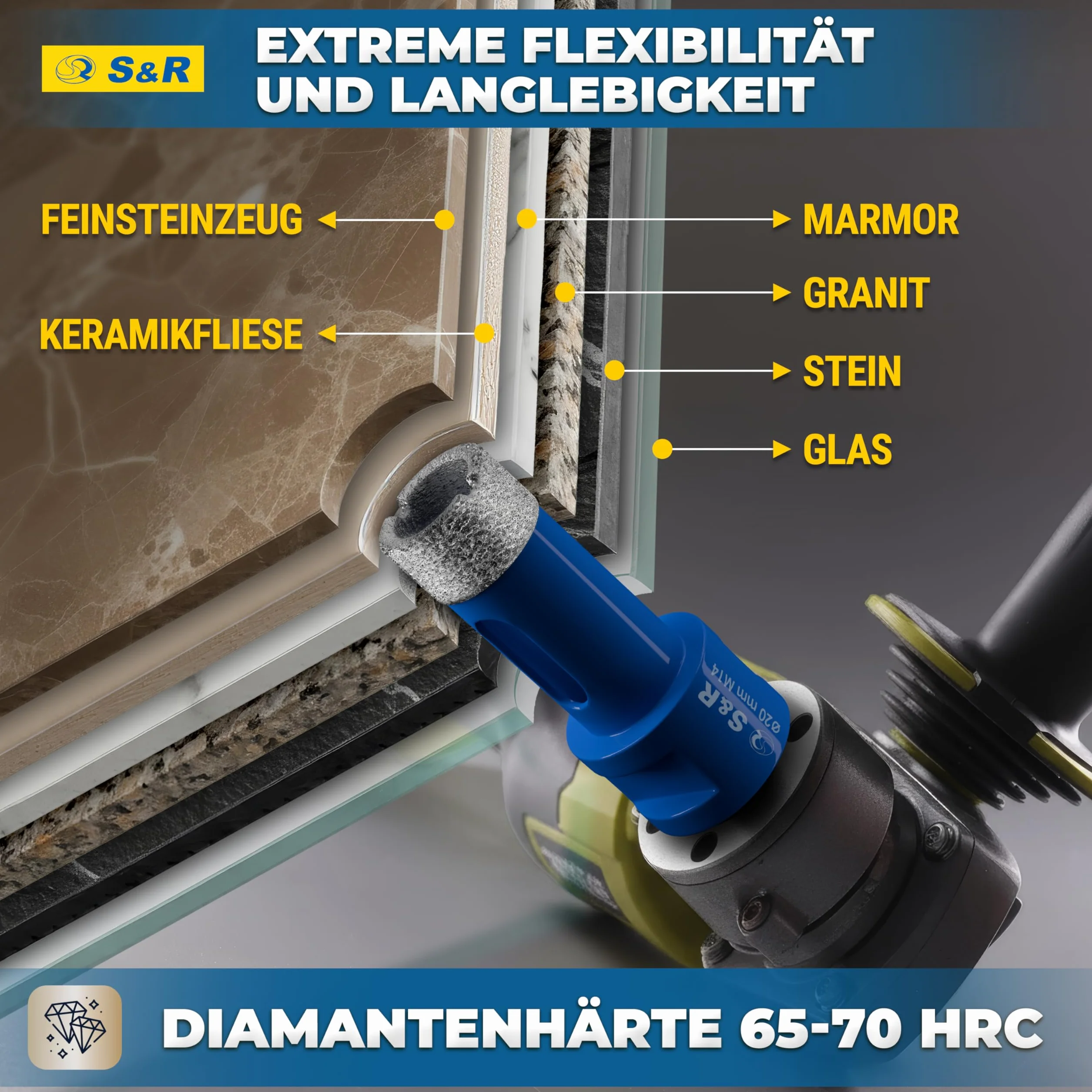 S&R Profesjonalne diamentowe wiertło do płytek 20 mm, otwornica do płytek, gwint M14, diamentowe wiertło, płytki, lutowana próżniowo koronka wiertnicza, szlifierka kątowa do ceramiki, gresu, granitu