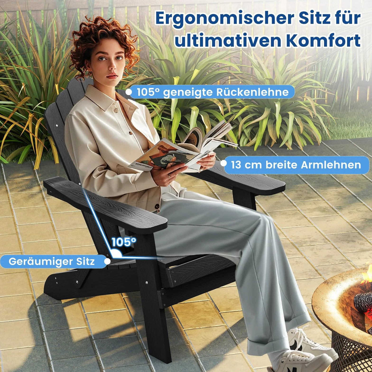 COSTWAY Adirondack krzesło składane, odporne na warunki atmosferyczne Adirondack Chair z tworzywa sztucznego, krzesło ogrodowe z wysokim oparciem i szerokimi podłokietnikami, do ogrodu, na taras,