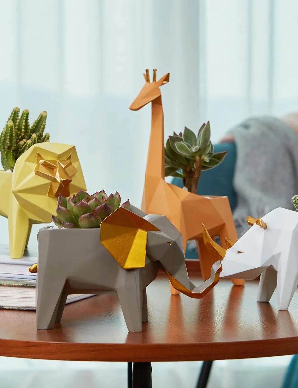 Amoy-Art Kaktus sukulent doniczka na rośliny nosorożec statuetka figurka geometryczna zwierzę doniczka dekoracja na prezenty domowe żywica rzeźba pudełko prezentowe 18 cm L