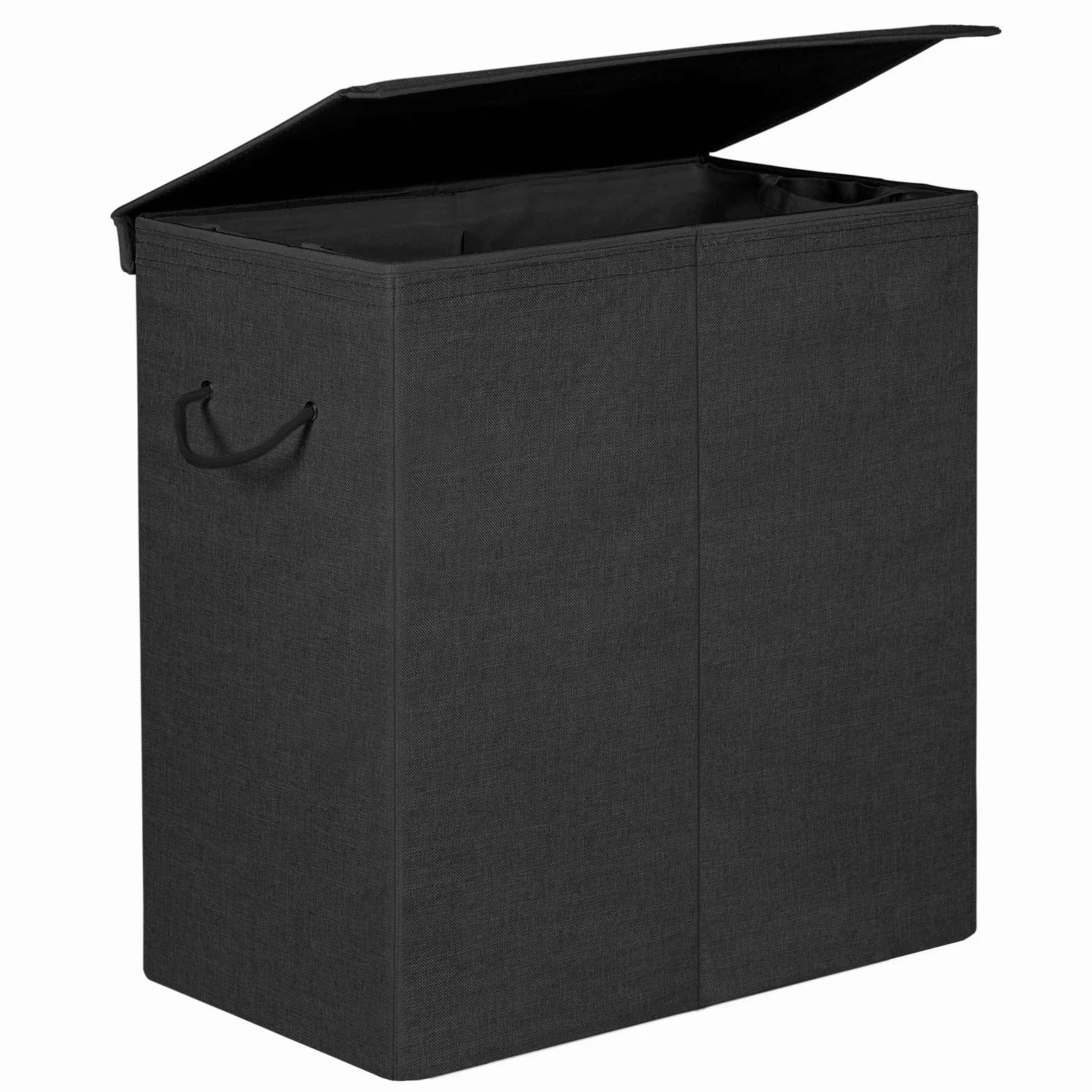 SONGMICS kosz na pranie 142 l, imitacja lnu, skrzynia do sortowania prania z oddzielnymi przegródkami, magnetyczna pokrywa i uchwyty, składany, wyjmowany worek na pranie, czarny LCB02BK