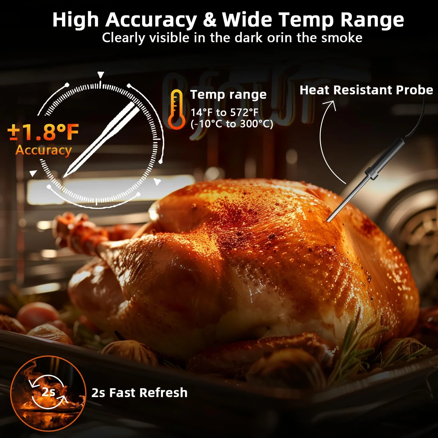 BFOUR termometr do pieczenia z funkcją Bluetooth, z zegarem, 4 czujnikami temperatury, sondą, cyfrowym termometrem do grilla, podświetleniem tła LED