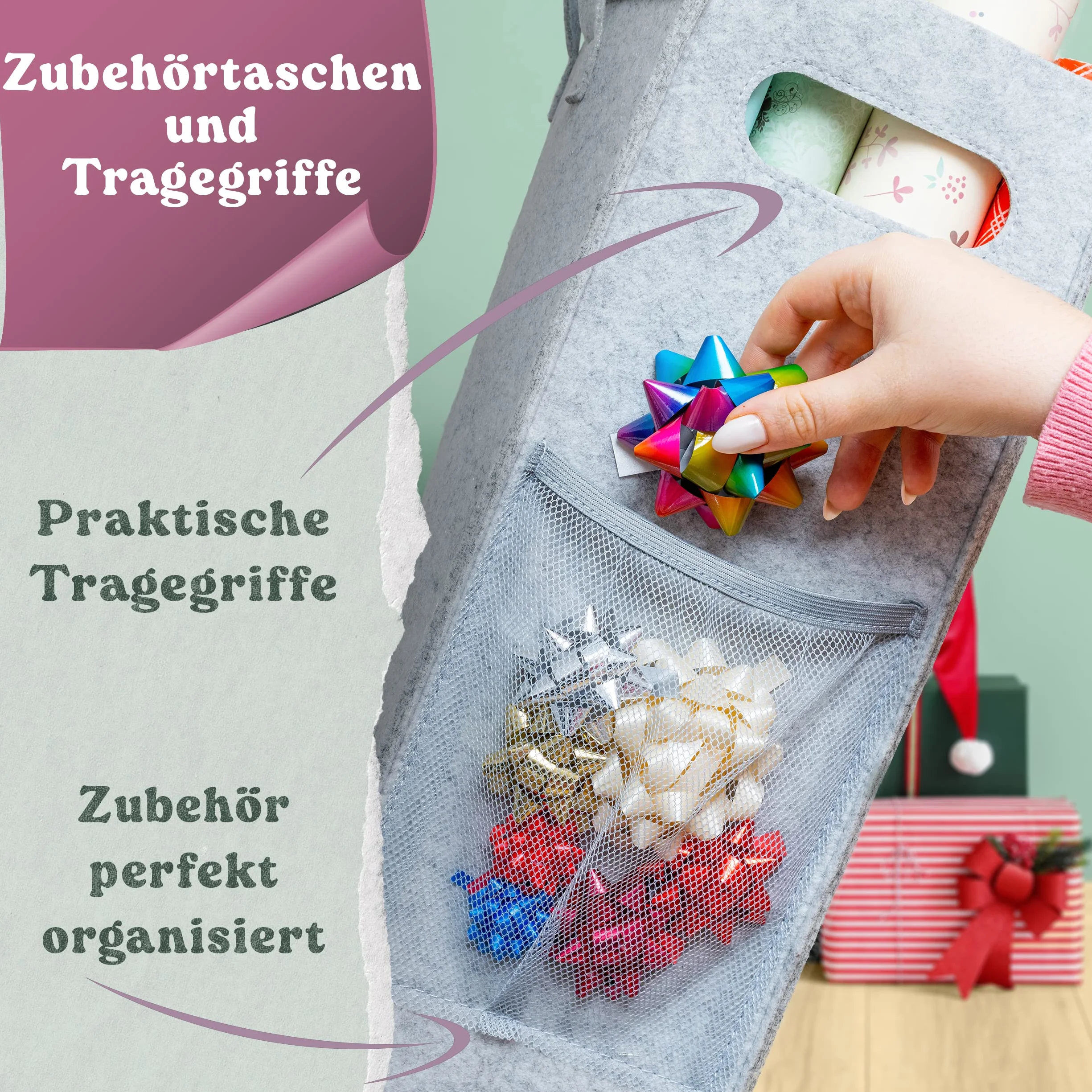 Jubi® organizer na papier prezentowy, w 100% z filcu z recyklingu, na 15 rolek papieru I OekoTexI – stabilny organizer do przechowywania papieru prezentowego, nowoczesny worek do przechowywania (szary