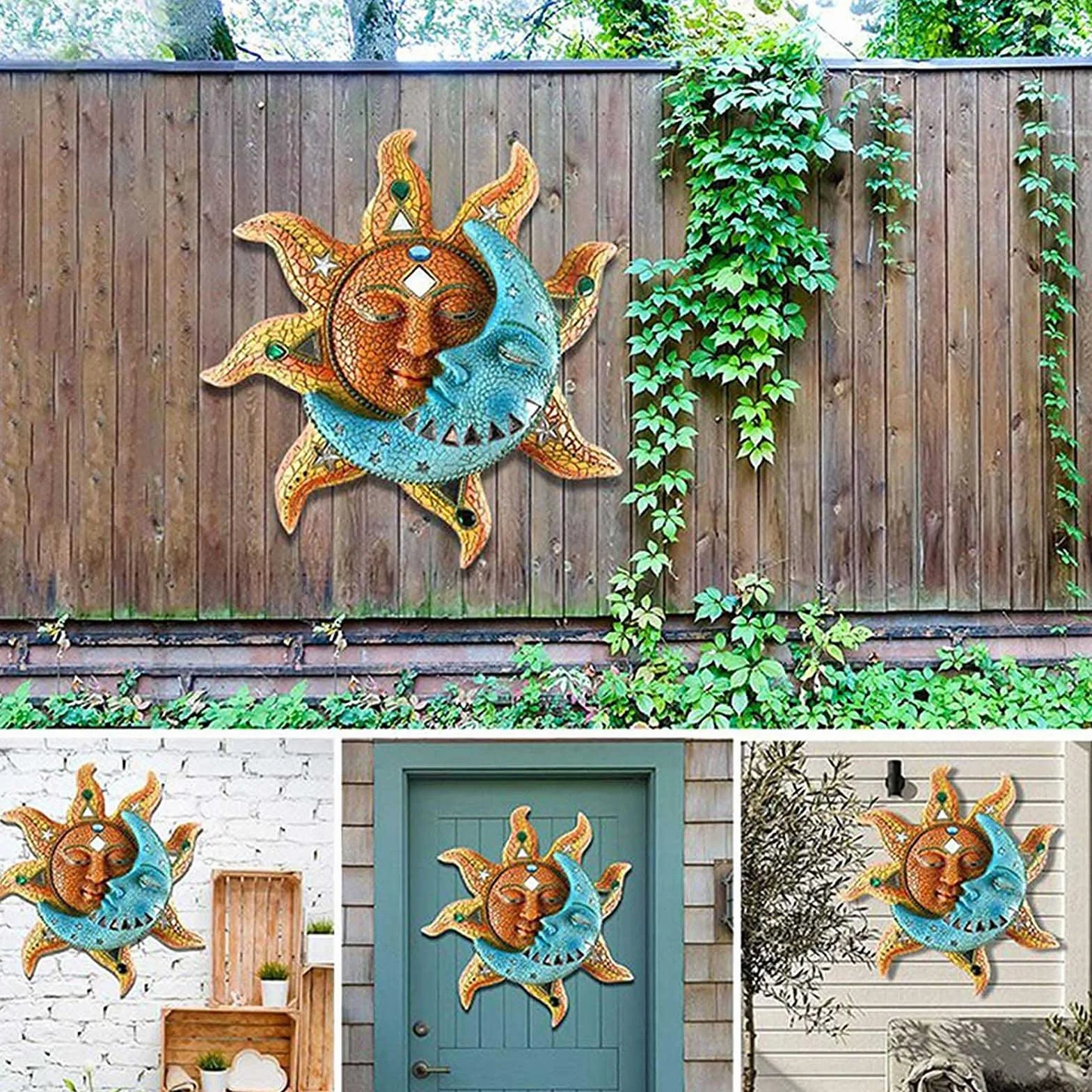 Metalowa dekoracja ścienna Sun Moon, kreatywne rzeźby ścienne wewnątrz i na zewnątrz Słońce i księżyc Wiszące ozdoby Wystrój dla domu Salon Sypialnia Kawiarnia Ogród,40x40cm/15.7"x15.7"