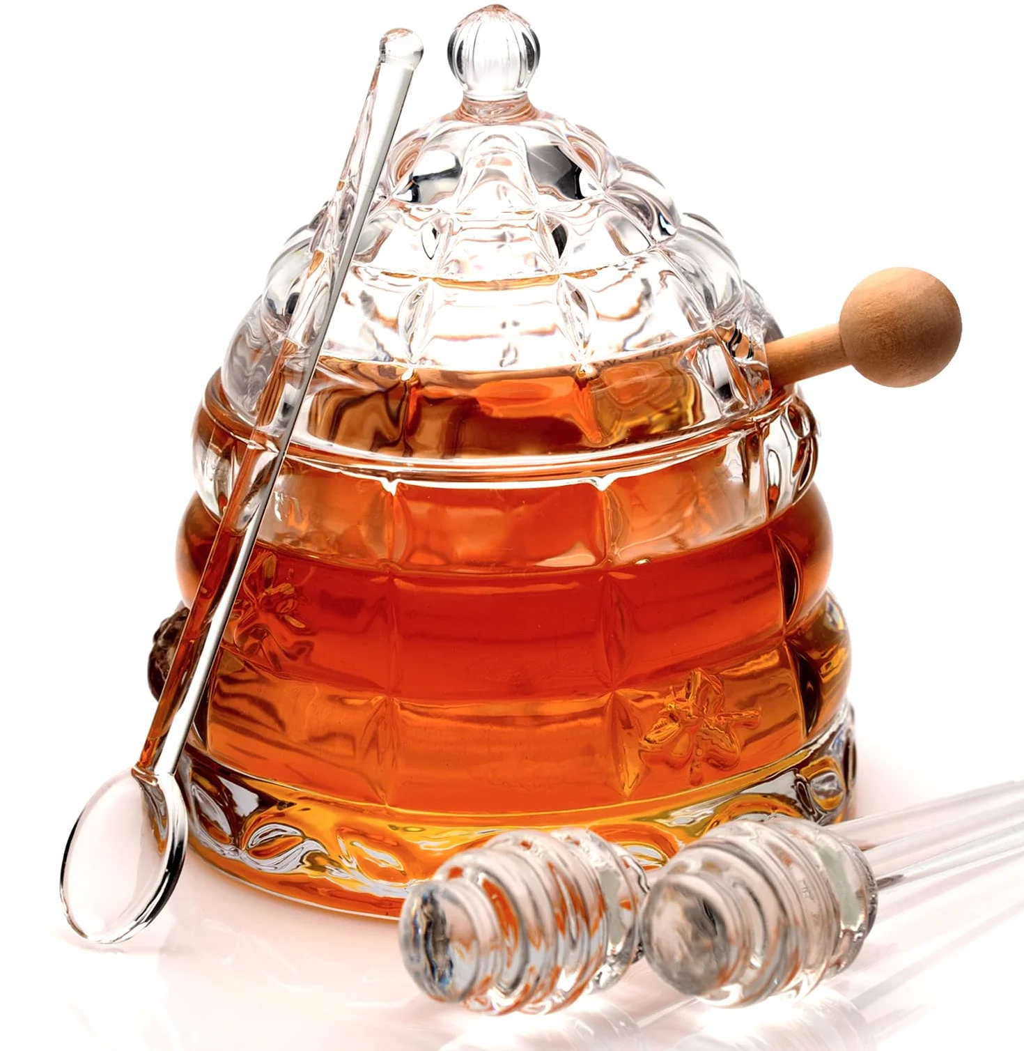 Elegancki szklany słoik na miód "Crystal" z 2 szklankami + 1 drewnianą łyżką i 1 przezroczystą łyżką, wzór ula, pojemnik 295 ml, idealny do cukru, marmolady i dżemu, trwały i stylowy wielofunkcyjny