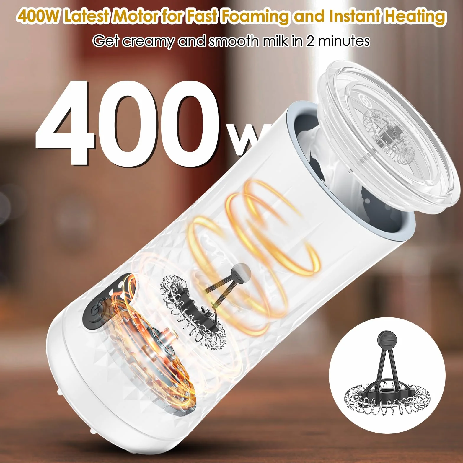 Dreamhigh Elektryczny spieniacz do mleka 4 w 1, 400 W, 240 ml, 2 trzepaczki