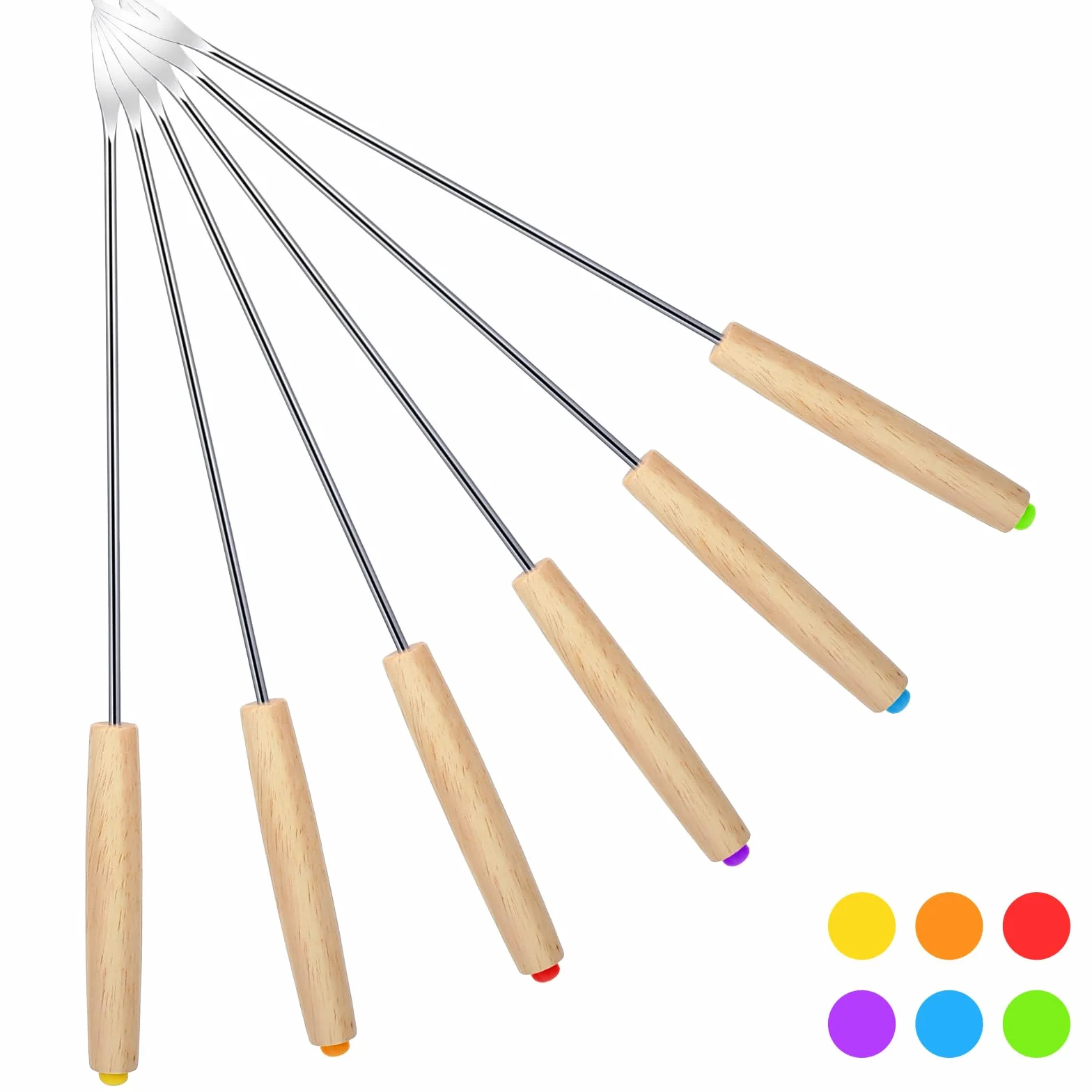 Widelce do fondue ze stali nierdzewnej 22 cm oznaczone kolorami z drewnianym uchwytem