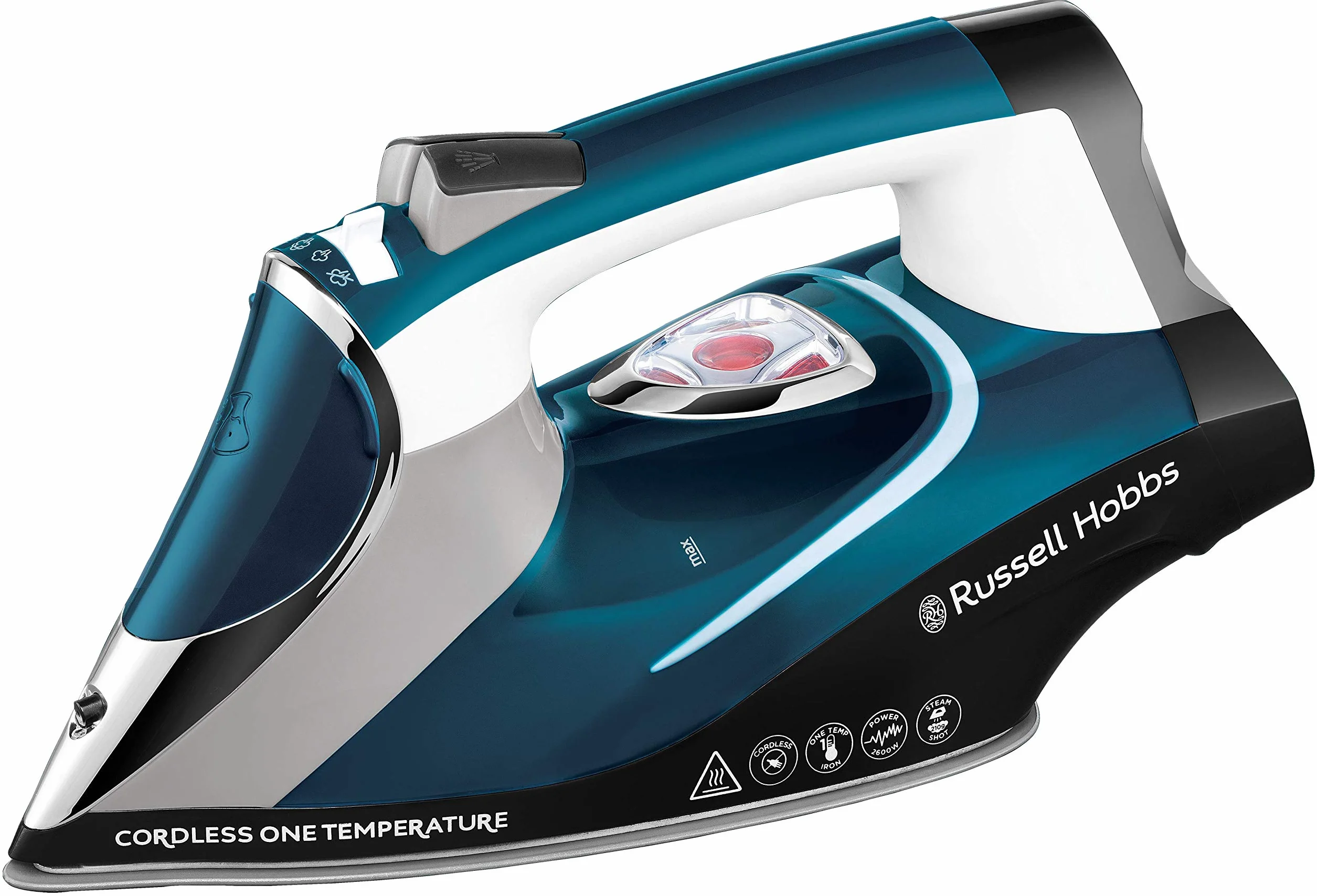 Russell Hobbs Żelazko parowe [2600W, uderzenie pary 210g] Cordless One Temperature (bezprzewodowe ze stacją bazową i technologia jednej temperatury do wszystkich tkanin, czas pracy ok. 25s) 26020-56