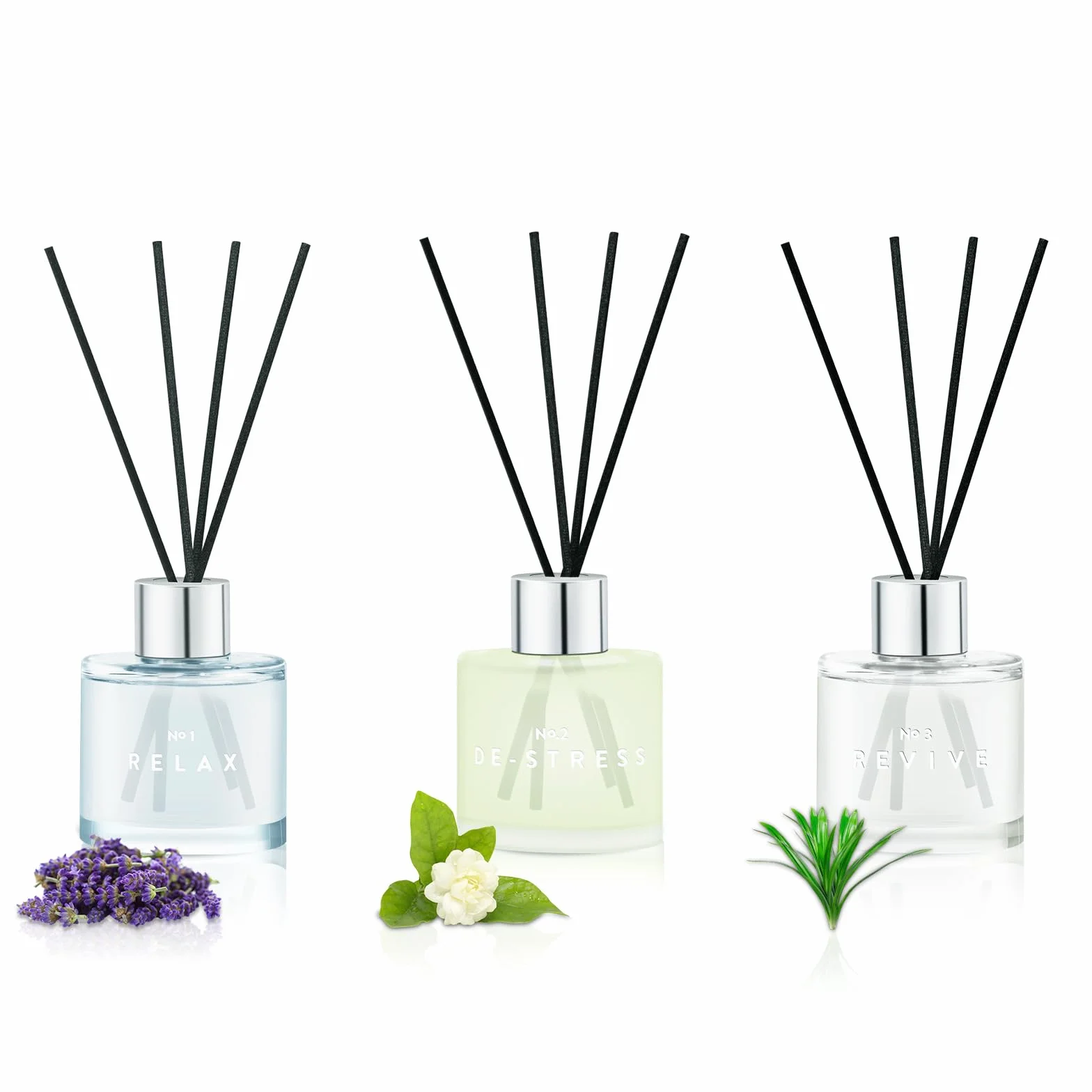 Zestaw 3 dyfuzorów zapachowych, 50 ml, lawenda, jaśmin, trawa cytrynowa, zestaw dyfuzorów do aromaterapii, z 12 czarnymi patyczkami z włókna, odświeżacz powietrza do sypialni, łazienki, biura