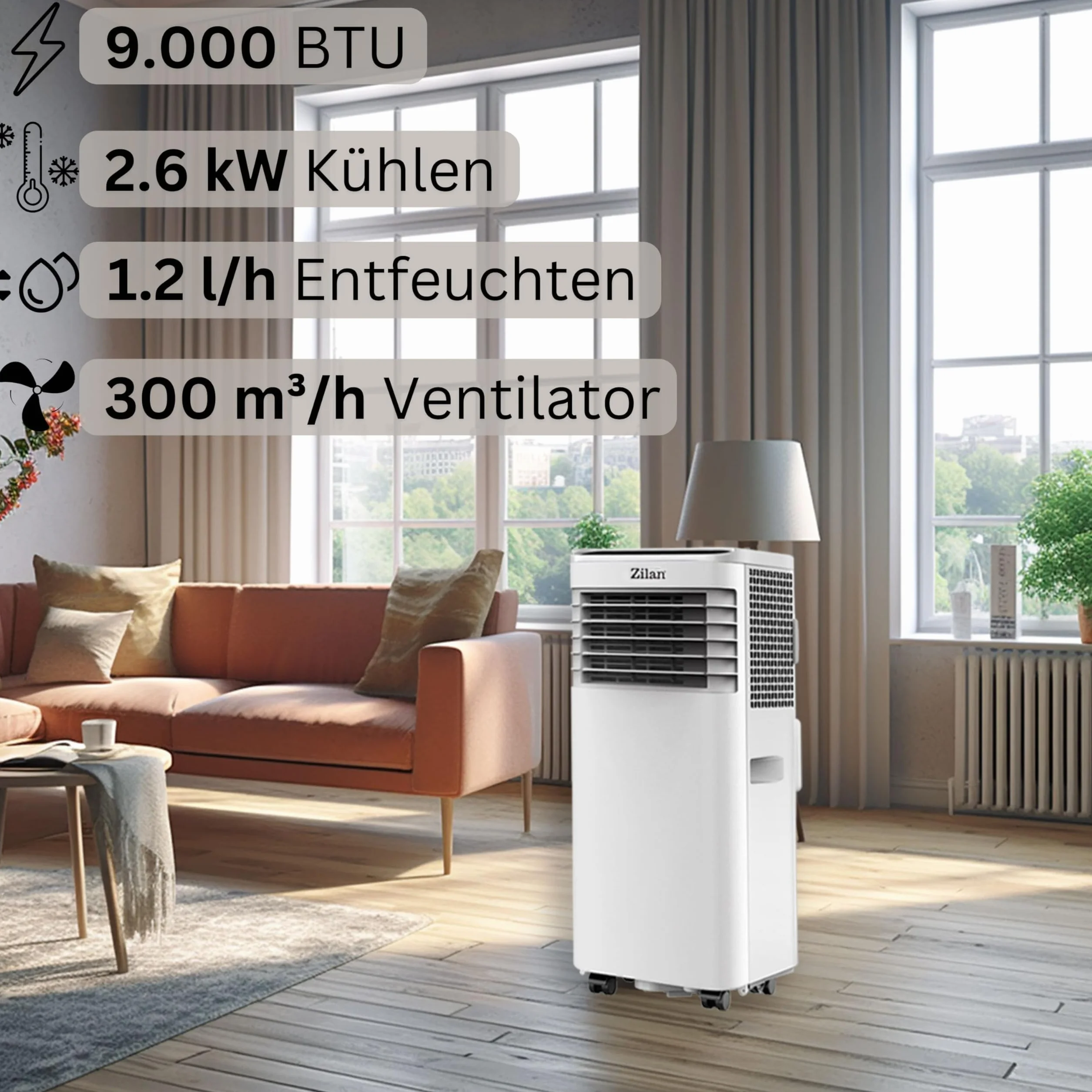 Mobilny klimatyzator 9000 BTU z wężem powietrza wylotowego i uszczelką okienną, mobilny klimatyzator 24 h, timer – wentylator chłodzący, 300 m³/h, osuszacz powietrza 1,2 l/h, cichy klimatyzator z