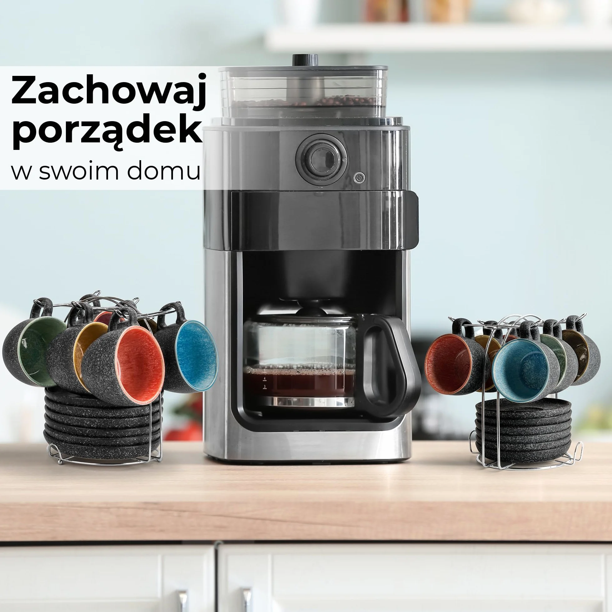MIAMIO Ceramiczny kubek do cappuccino 190 ml zestaw 6 sztuk ze spodkami i metalowym stojakiem