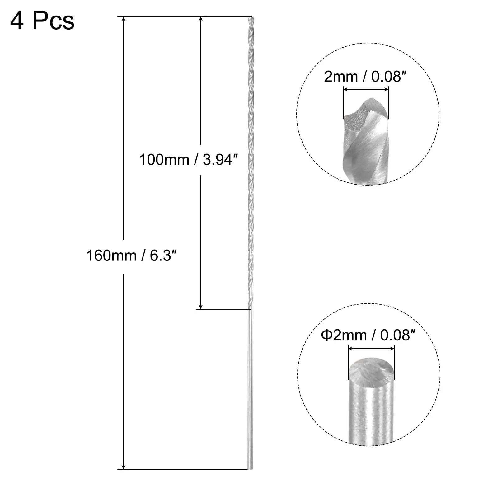 QUARKZMAN 2 mm wiertła spiralne, bardzo długie stalowe wiertła z prostym trzonkiem, długość 160 mm do drewna, plastik, aluminium, 4 szt