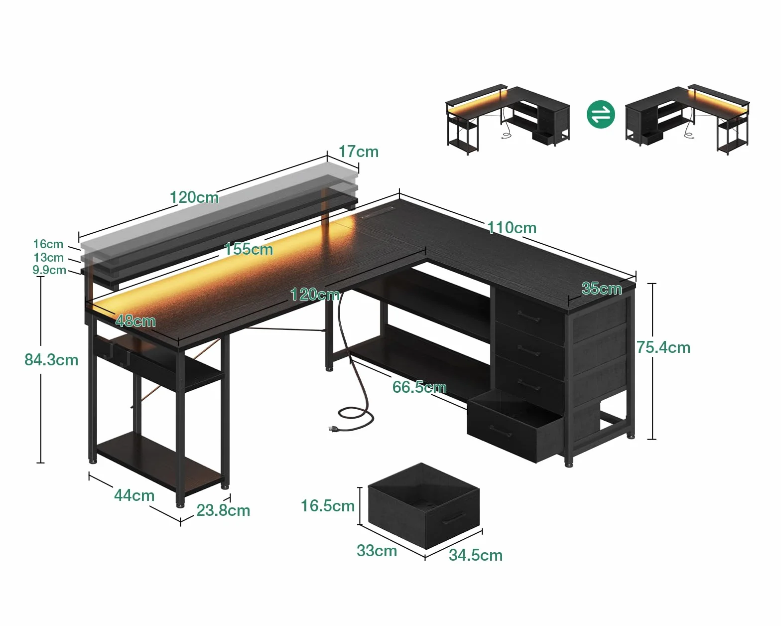ODK Dwustronne Biurko Narożne z Szufladami, L-kształtny Stół Roboczy z 2 Gniazdami i 2 Portami USB oraz Oświetleniem LED, do Domowego Biura (155×110cm, Czarny)