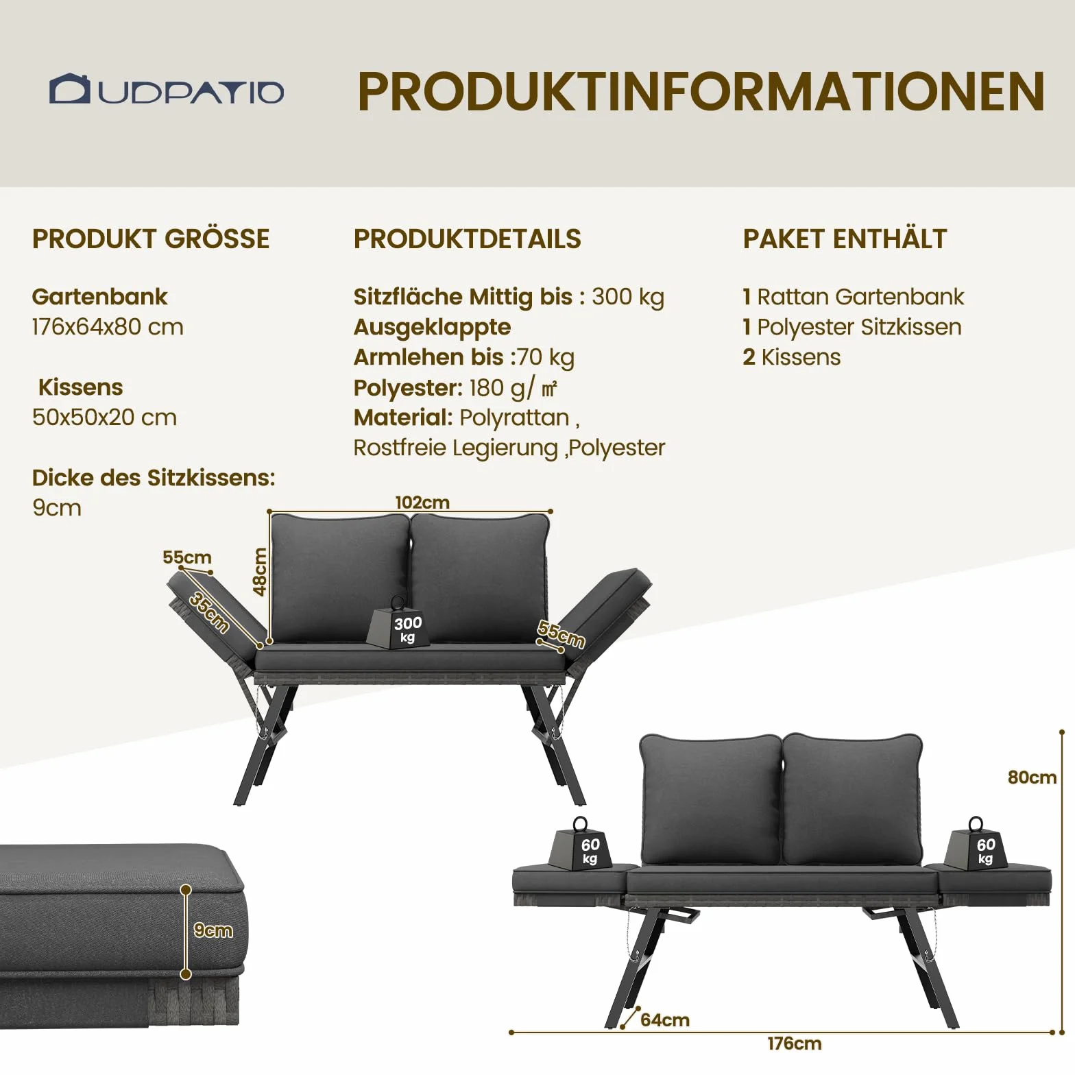 UDPATIO Polyrattan Ławka ogrodowa odporna na warunki atmosferyczne z funkcją leżakową, sofa balkonowa 3 w 1, funkcja regulacji z dodatkowo grubymi poduszkami siedzisk i poduszkami na podłokietniki do