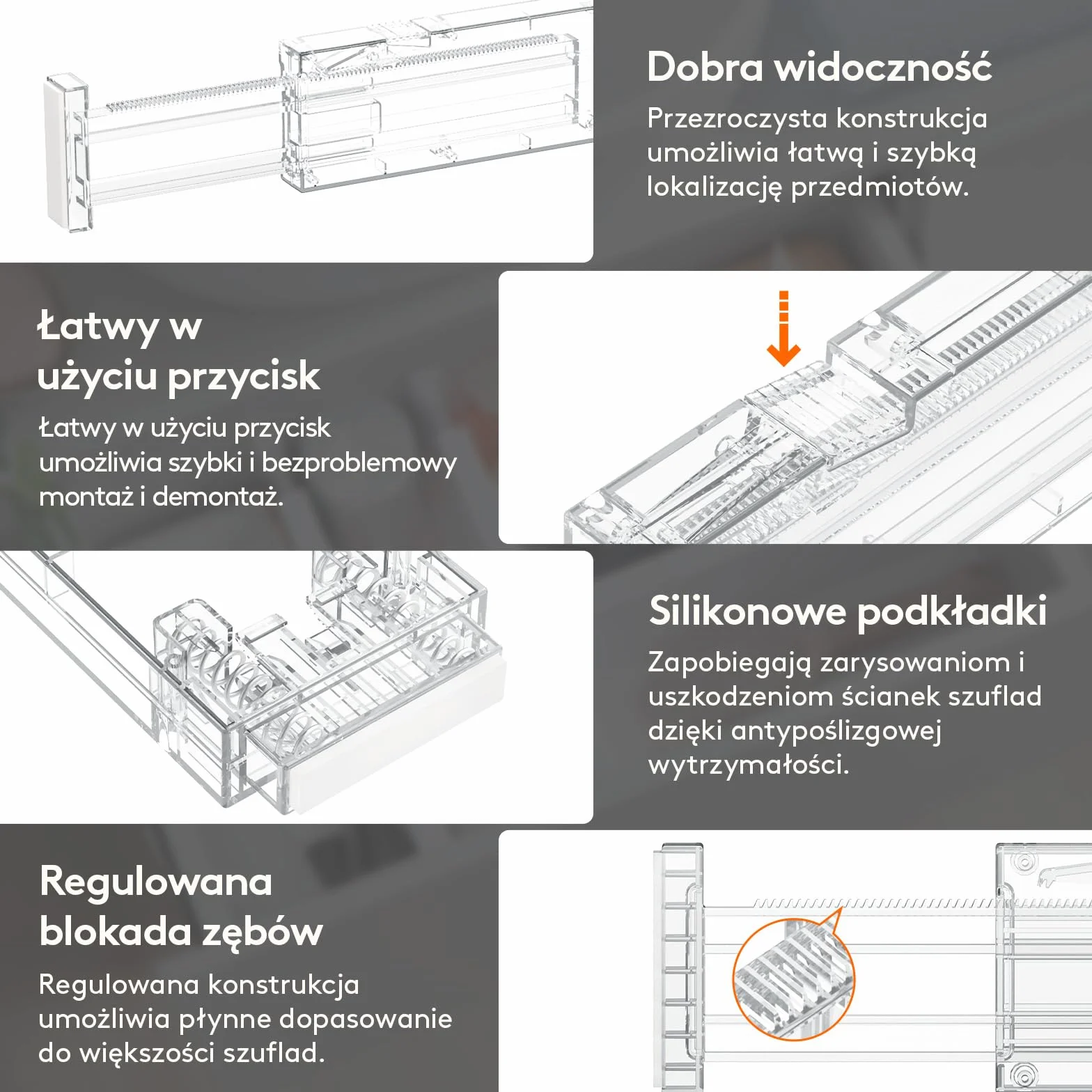 Lifewit 4 Przegródek do Szuflado Wysokości 6 cm,40.6-56 cm, Regulowany Organizer do Szuflad na Przybory Kuchenne/Kosmetyki, Plastikowe, Rozszerzalne Separatory do Przechowywania w Sypialni