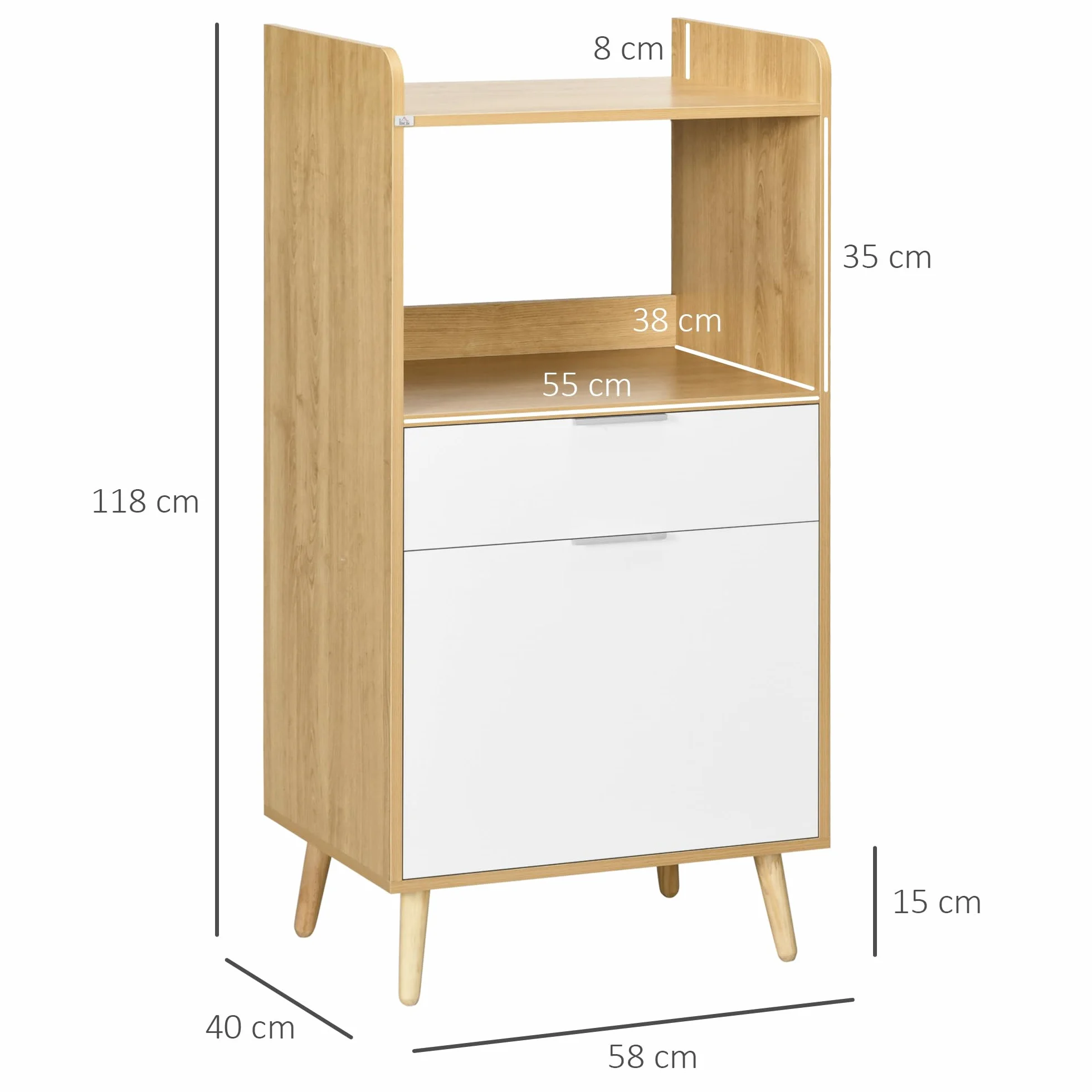 HOMCOM Szafka kuchenna do mikrofalówki w stylu skandynawskim, z szafką, szufladą, z regulowaną półką, 58 x 40 x 118 cm, naturalna i biała