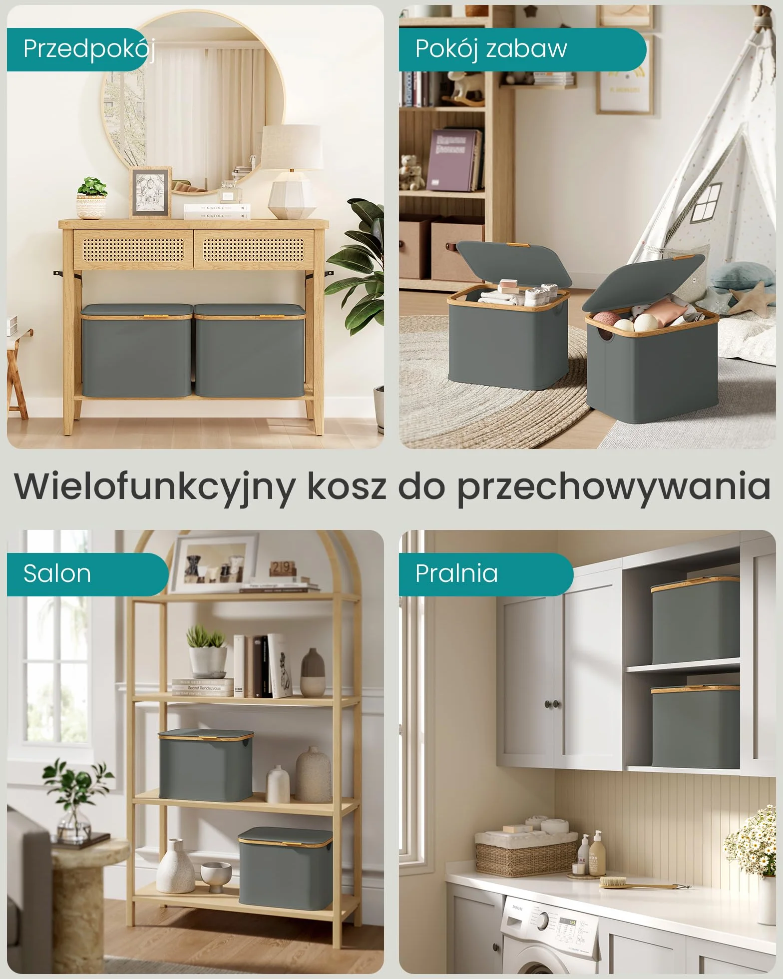 SONGMICS Kosz na pranie z pokrywką, oszczędzający miejsce, tkanina Oxford, składany, rama bambusowa, do pralni, sypialni, salonu, 40 l, 42 x 32 x 30 cm, kolor łupkowo-szary LCB516GN01