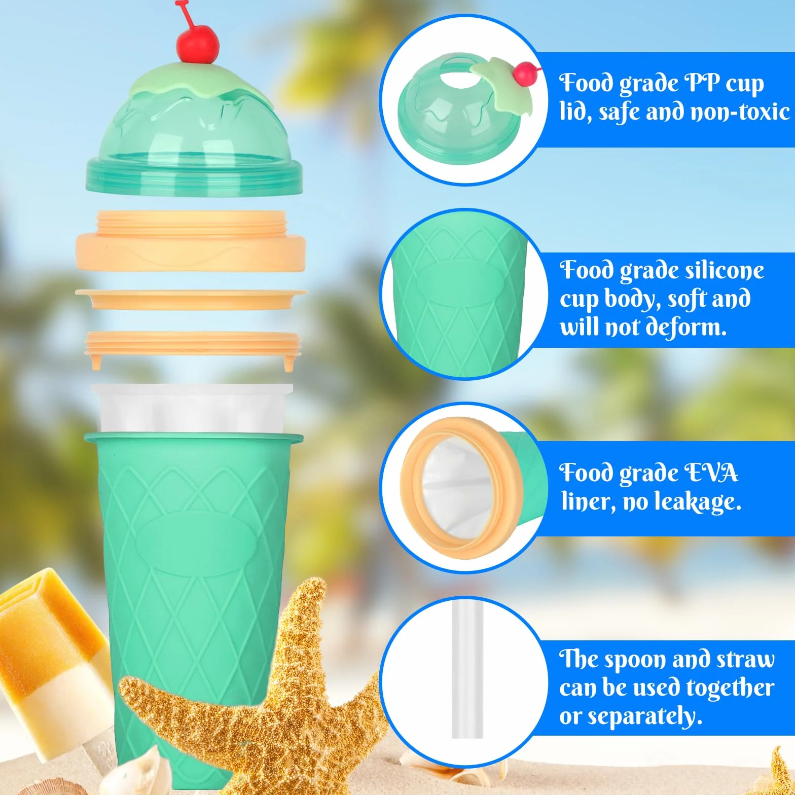 Silikonowe kubki do slushy DIY - Zestaw 2 sztuk ze słomką i łyżeczką 2 w 1