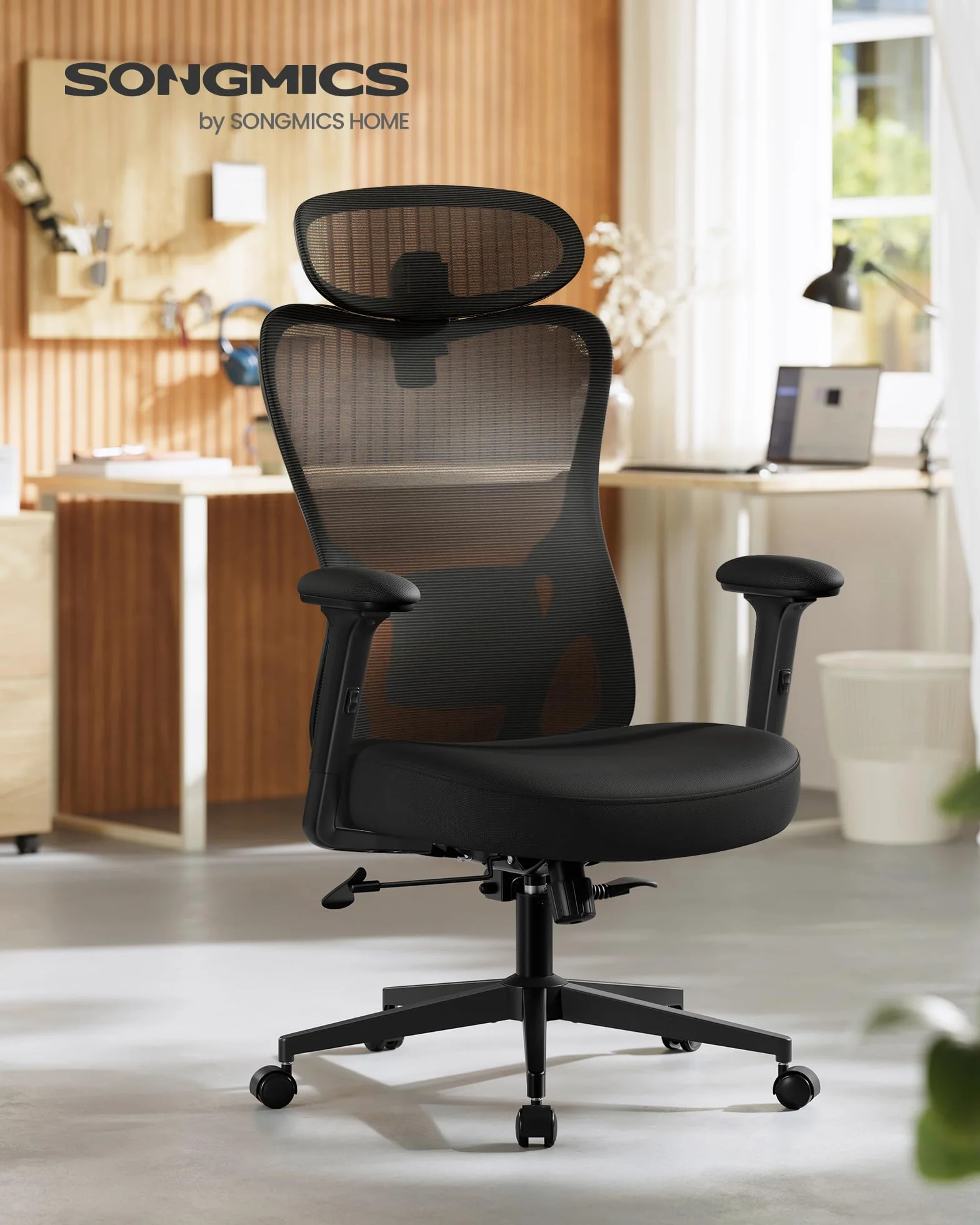 SONGMICS Ergonomiczne krzesło biurowe, krzesło komputerowe, regulowane podparcie lędźwiowe i zagłówek, nośność 150 kg, regulacja wysokości, czarny atrament OBN066BH02