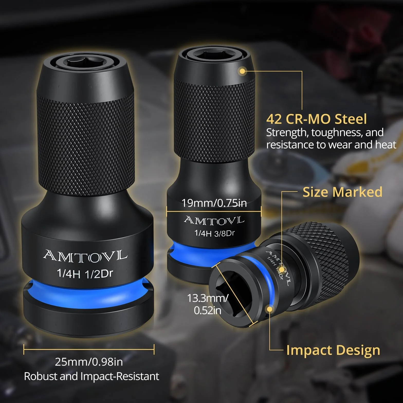 AMTOVL 3 szt. Kwadratowe adaptery do 1/4" sześciokątne 1/4", 3/8", 1/2" materiał 42CRMO Quick Release adaptery nasadowe z napędowym drążkiem adaptera konwerter sześciokątny - niebieski