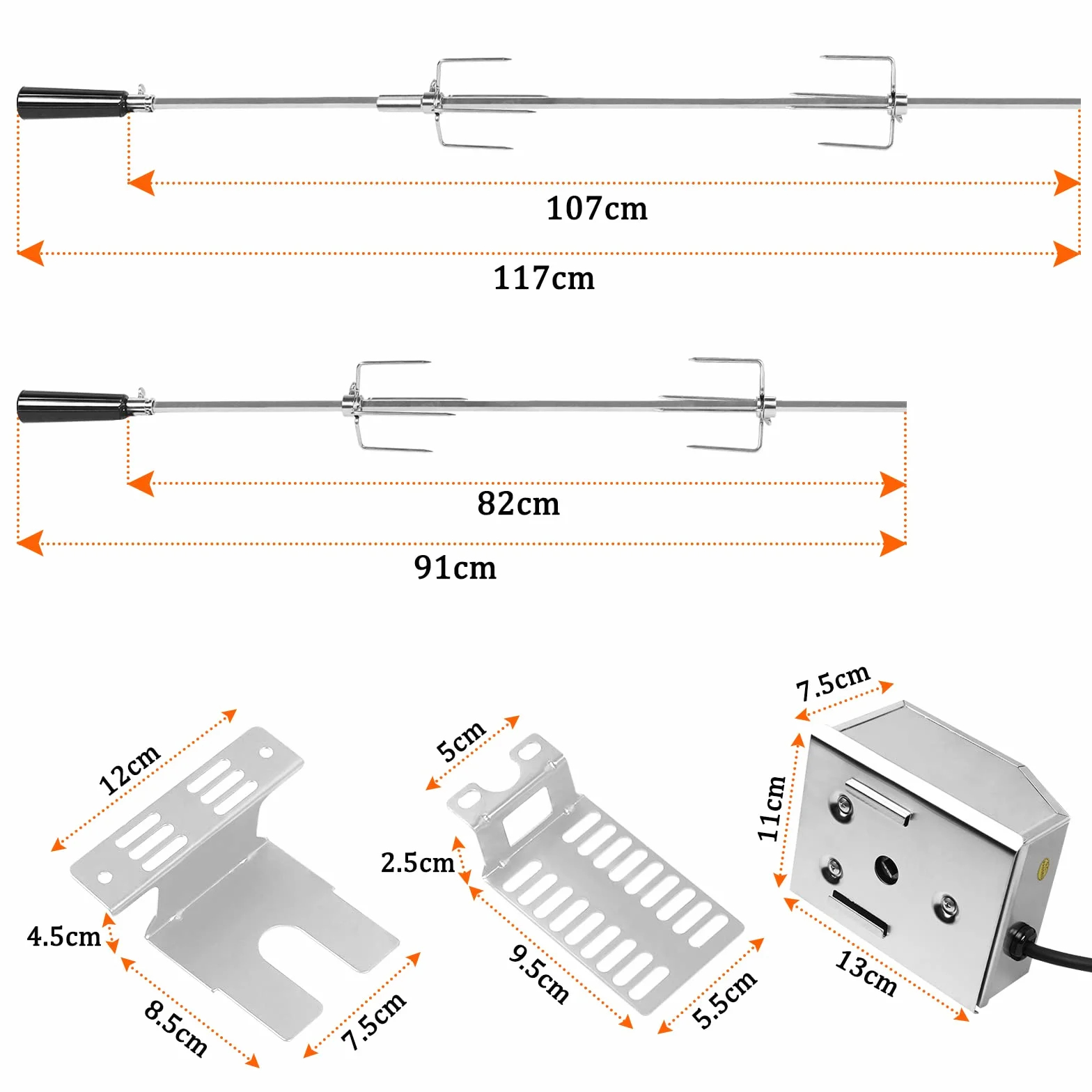 UISEBRT Rożen do grilla z silnikiem 220-240 V, ze stali nierdzewnej, obrotowy rożen do grilla gazowego i rożna, w zestawie 2 x szpikulec do mięsa, 107 cm