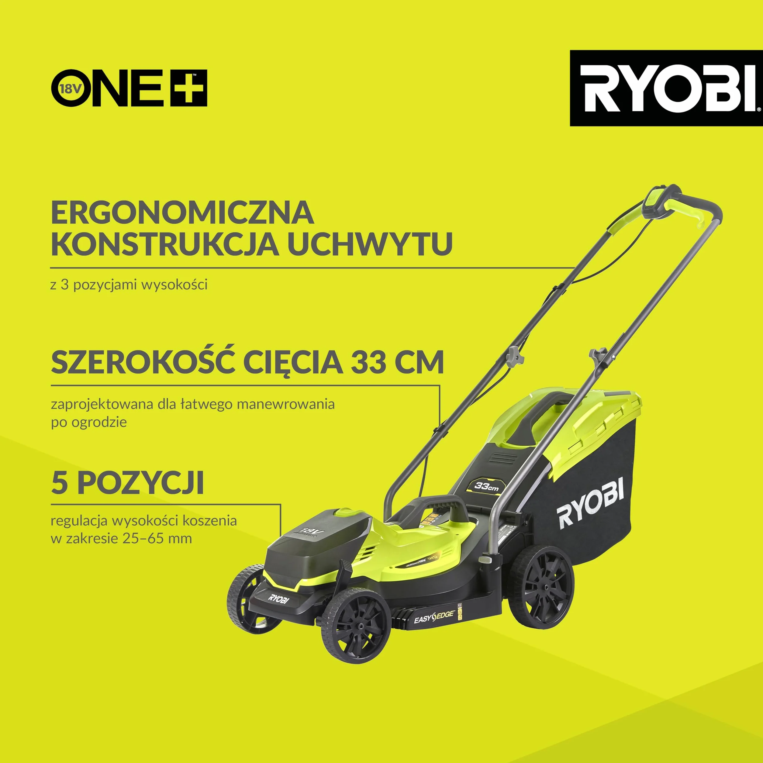 Ryobi Bezprzewodowa Kosiarka 18 V, OLM1833B, Szerokość Koszenia 33 cm, 5-Stopniowa Regulacja Wysokości Koszenia, od 25 mm do 65 mm, Kosz na Trawę 35 L, Wersja bez Akumulatora i Ładowarki