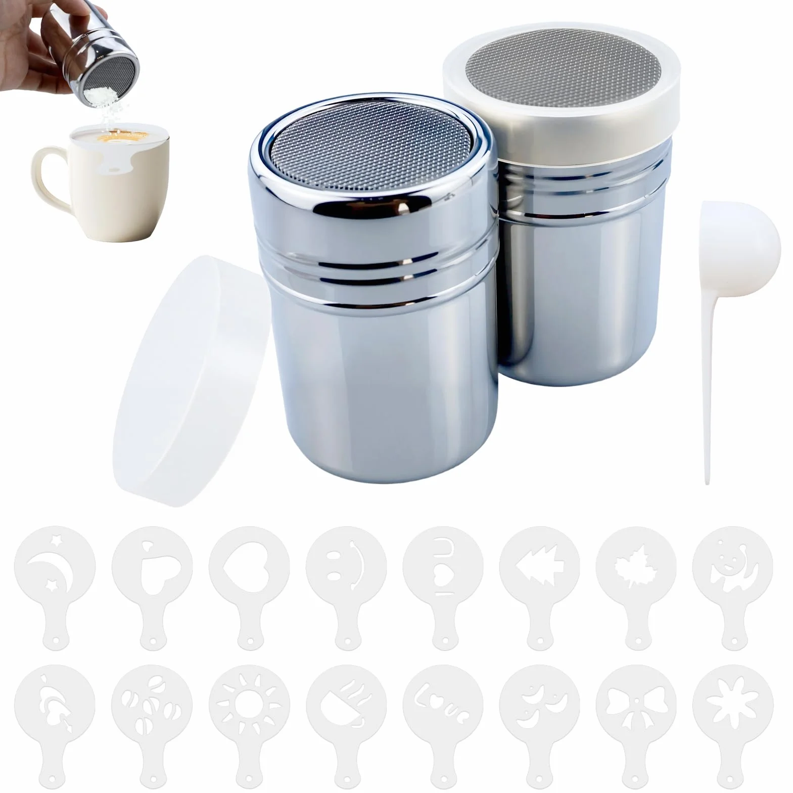 Posypywacz ze stali nierdzewnej z pokrywką, sitko, młynka do cukru pudru, kakao cappuccino, 16 foremek tłoczonych i miarka