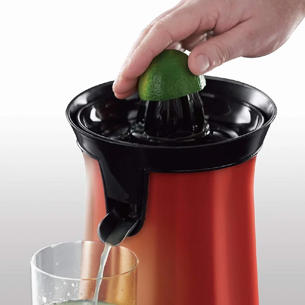 Russell Hobbs wyciskarka do soku, 2 stożki do wszystkich rodzajów cytrusów, start pod wpływem nacisku, funkcja blokady kapania, schowek na przewód, moc 60W, czerwony, Colour Plus 26010-56