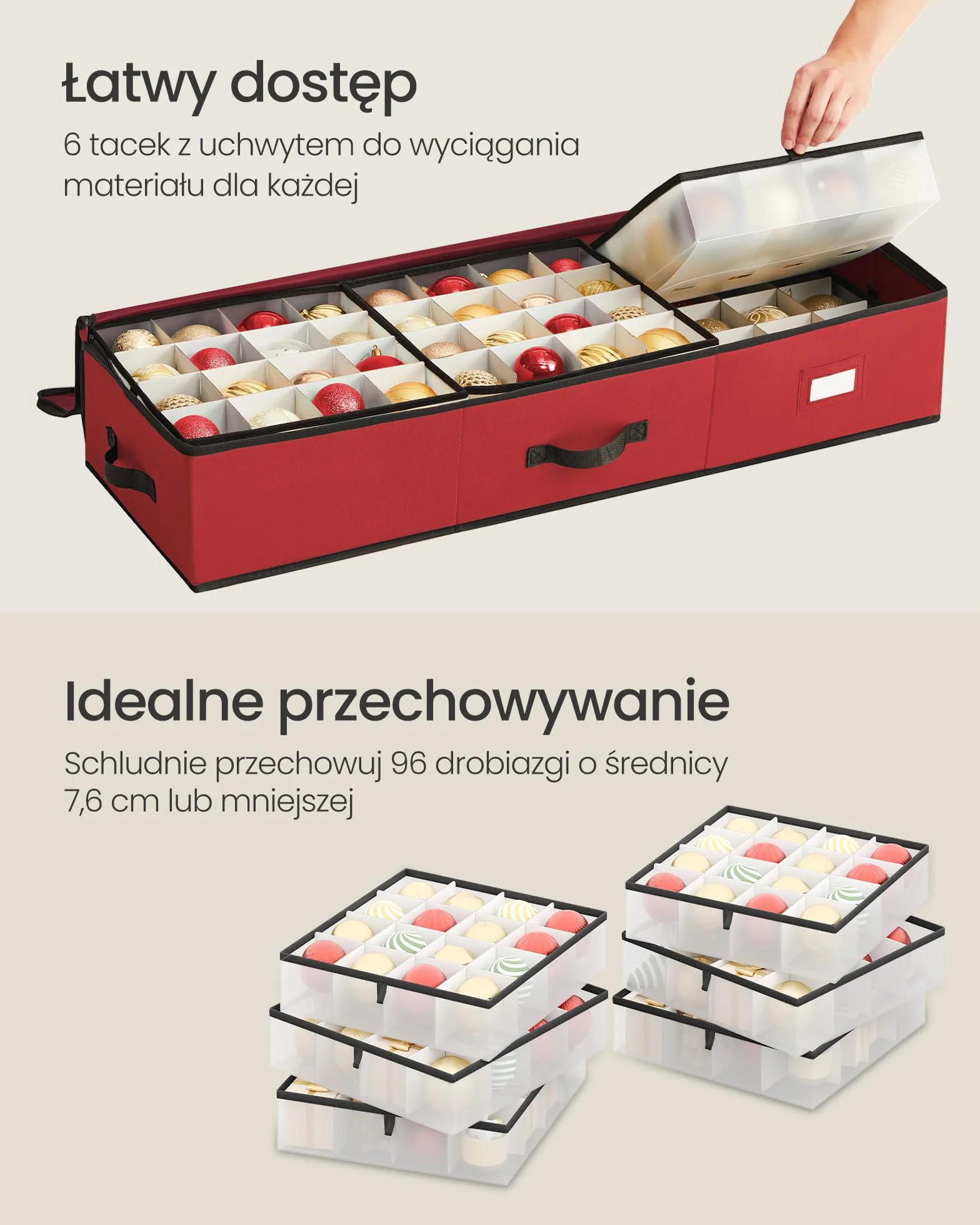 SONGMICS Pudełko na ozdoby świąteczne, 96 przegródek (po 7,6 cm każda), 96,5 x 33,5 x 17,5 cm, przegródki, tkanina Oxford, suwaki, kolor wiśniowo-czerwony RFB042R01
