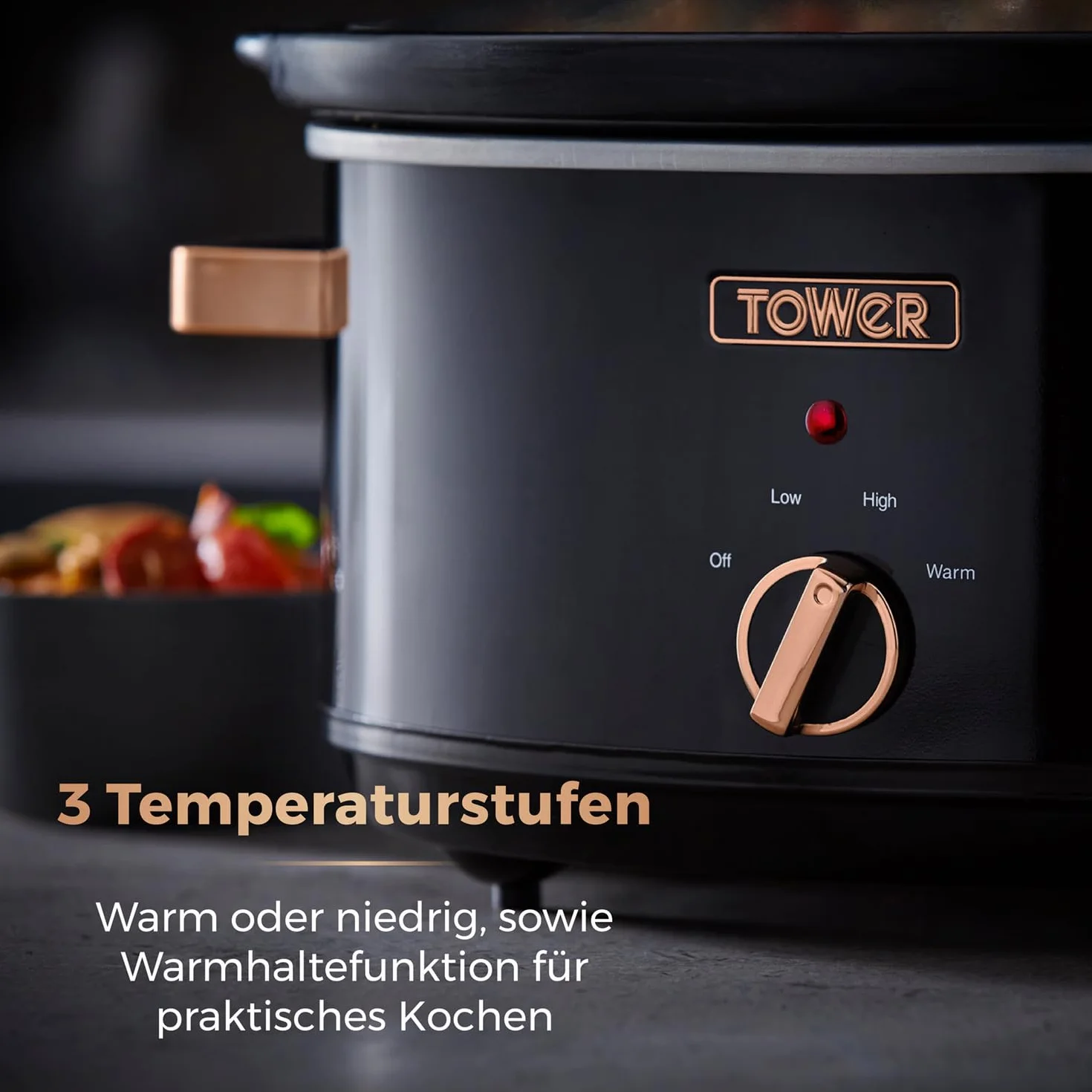 Tower T16019RG Slow Cooker Infinity z 3 ustawieniami gotowania i funkcją utrzymywania ciepła, urządzeń kuchennych, 6,5 l, 270 W, czarno-różowe złoto