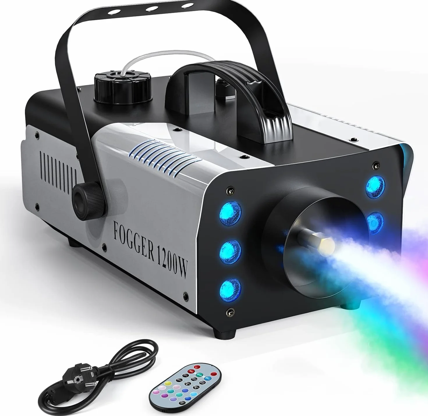 Wytwornica mgły 1200 W, do użytku na zewnątrz, z 6 kolorowymi światłami, UKing RGB, z pilotem zdalnego sterowania i zbiornikiem o pojemności 1 l, na wesele, imprezę, do teatru, do klubu dyskotekowego