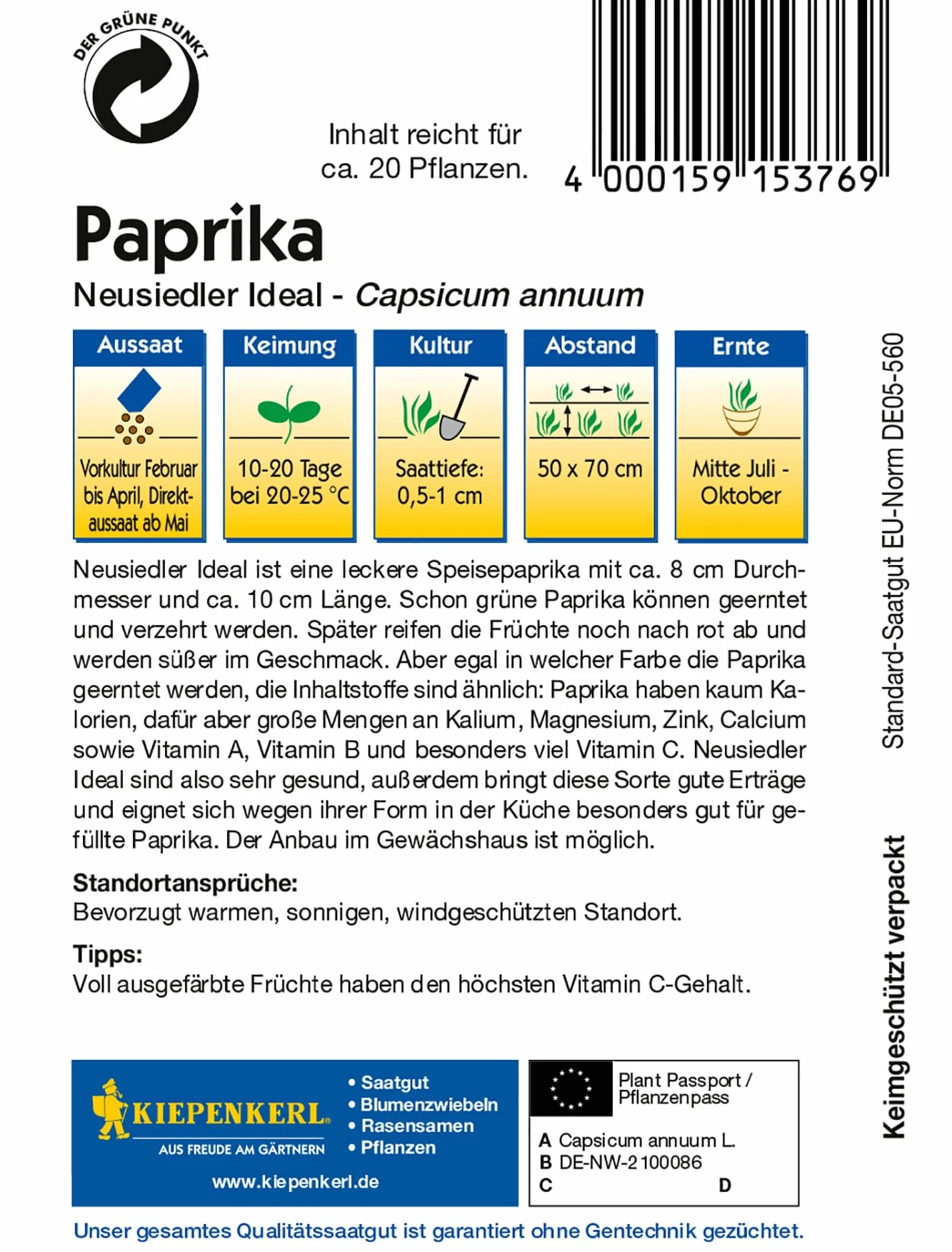 Kiepenkerl Nasiona Papryki Neusiedler Ideal 376 - Wysoko wydajne nasiona papryki jadalnej z grubymi owocami, bogate w witaminy i aromatyczne - Materiał siewny na 20 roślin