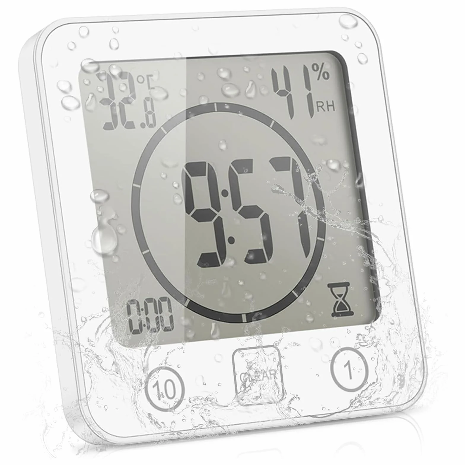 OurLeeme Codzienny wodoszczelny zegarek pod prysznic, budzik z dużym wyświetlaczem LCD, wskaźnik wilgotności powietrza, temperatury, sterowanie timerem, zegar odliczający do domu, kuchni, łazienki
