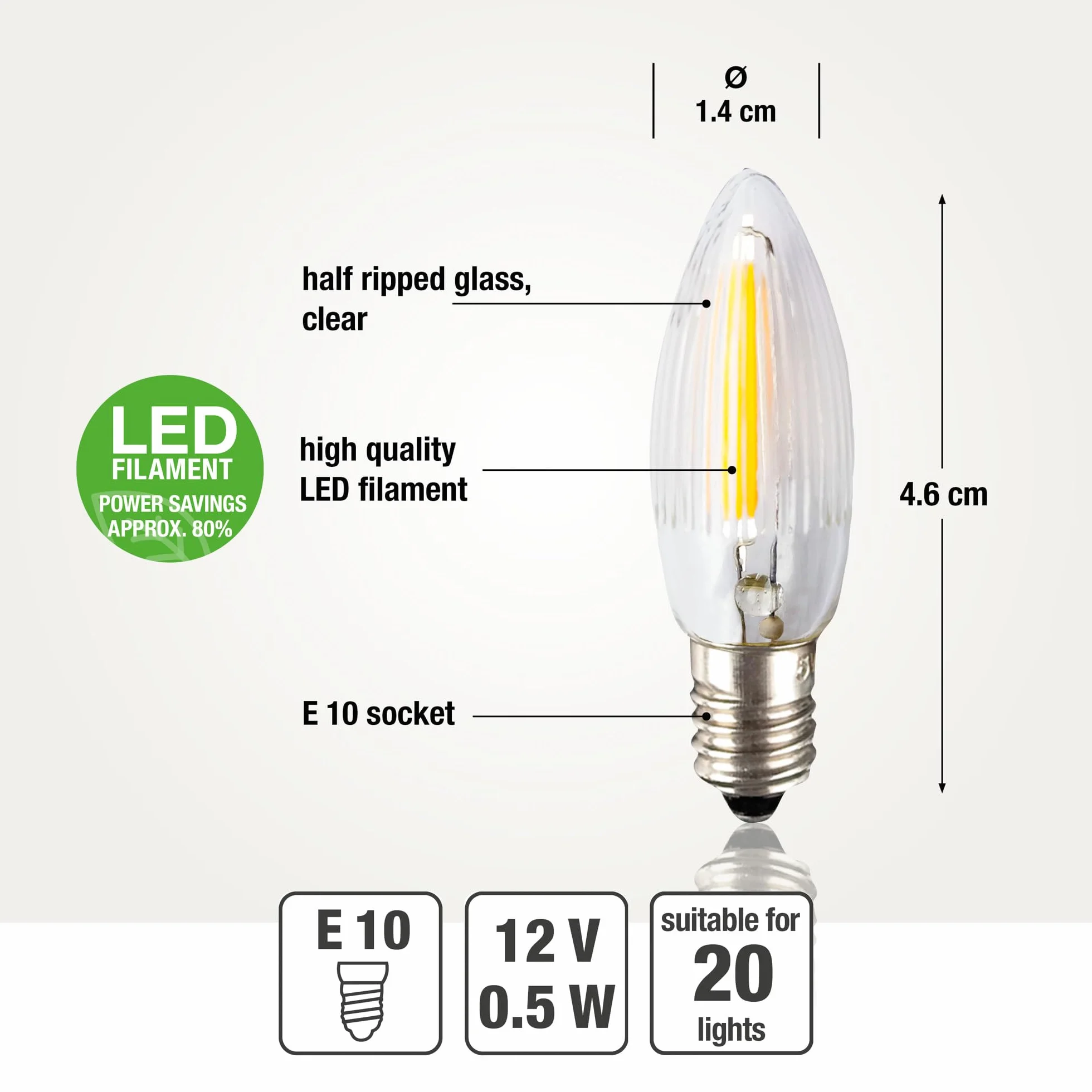 hellum Zapasowe świece LED filament 12 V 0,5 W do łańcuchów świetlnych i łuku świetlnego, 3 sztuki świec ryflowanych E10 (Ø 10 mm) pasują do 20 punktów świetlnych, 17 lumenów, zapasowe świece, łańcuch