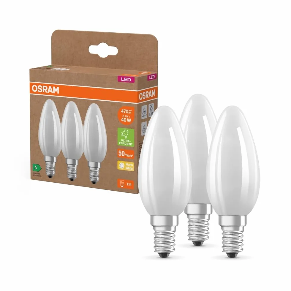 OSRAM Wysokowydajne lampy LED z klasą efektywności energetycznej A, zestaw 3 żarówek, zastępują tradycyjne żarówki 40W, kształt świeczki, ciepła biel (2700K), E14, matowe szkło