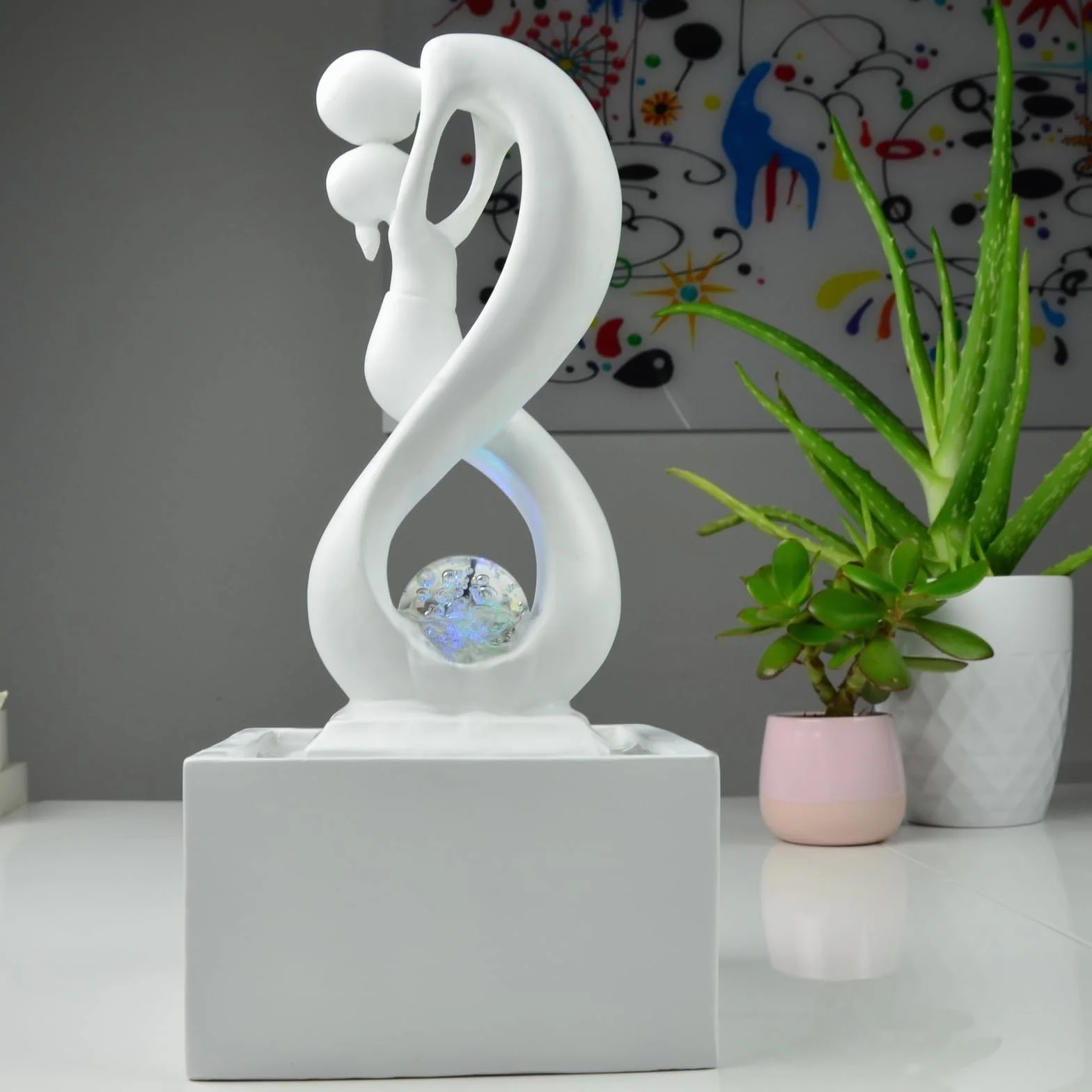 Zen'Light - Nowoczesna fontanna wewnętrzna Amor White z kolorowym światłem LED - Wystrój w stylu sztuki współczesnej, idealna medytacja i relaks - Oryginalny design Obrotowa kula zamknięta -