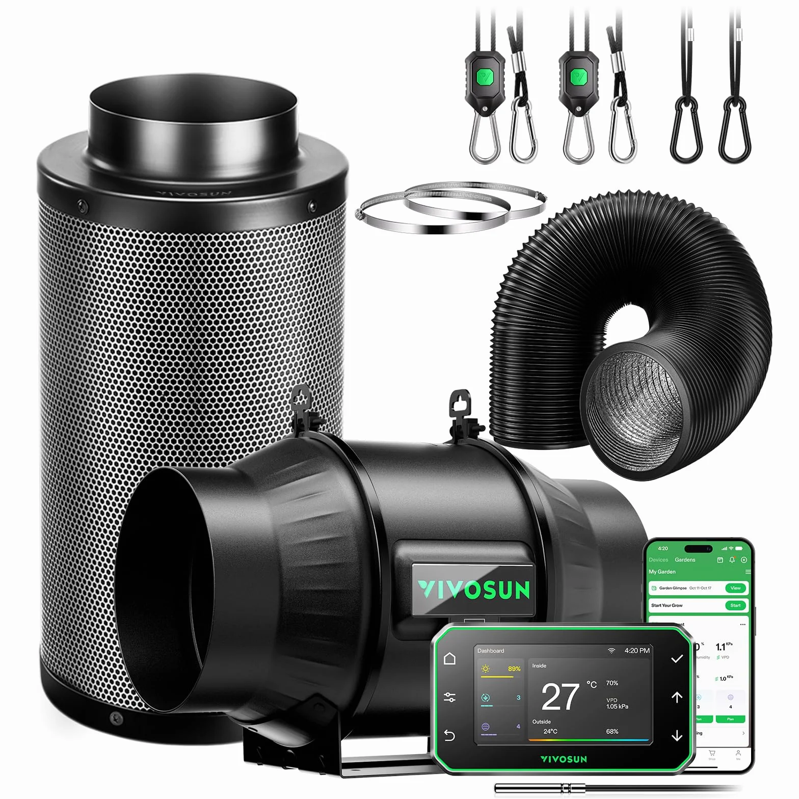 VIVOSUN Smart Air Filtration PRO T6 Zestaw 15 cm, AeroZesh T6 Wentylator kanałowy z GrowHub E42A+ kontrolerem Temp. Wilgotność WiFi, filtr węglowy & kanalizacja, system chłodzenia & wentylacji do
