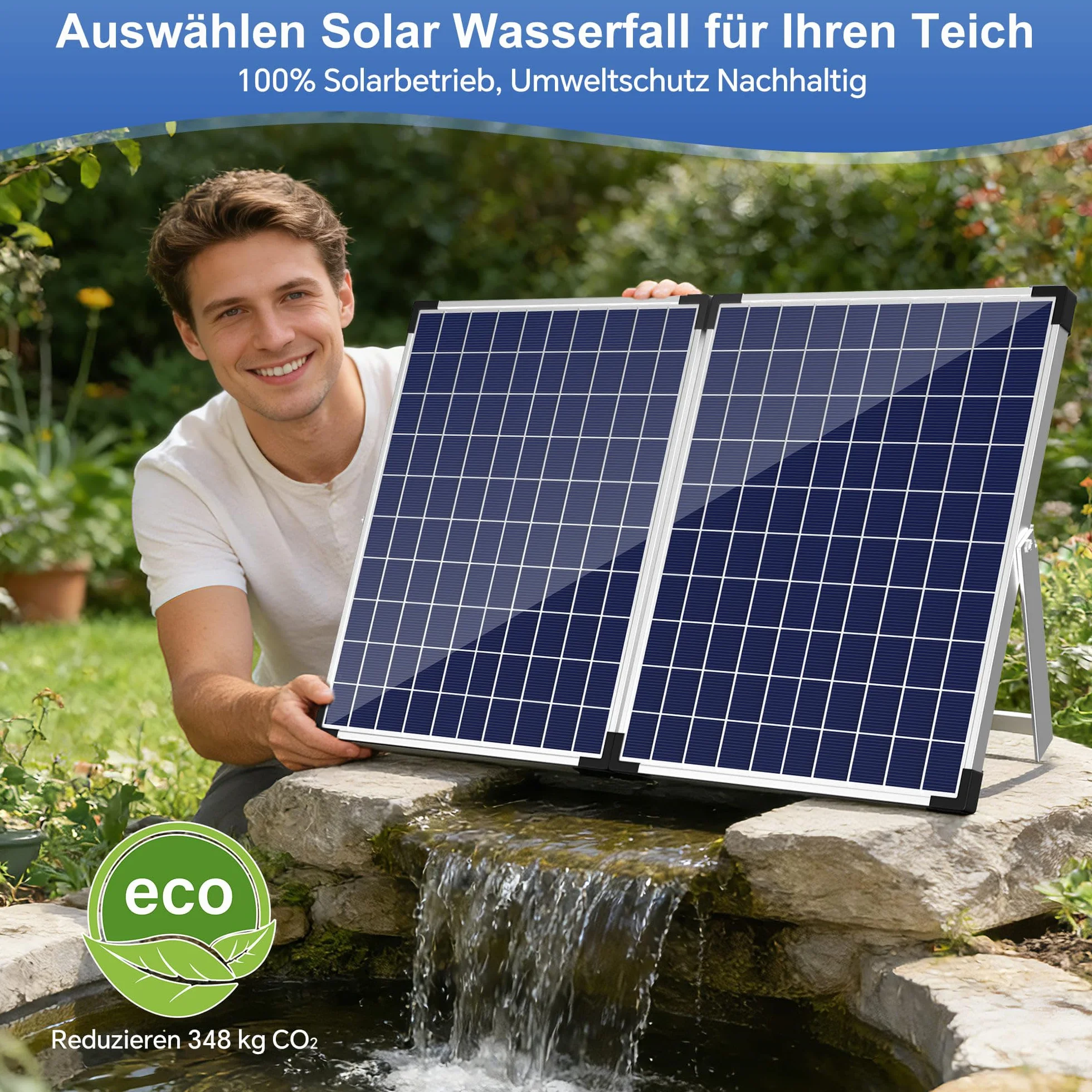 Biling 50W Solarowy zestaw wodospadowy ze stali nierdzewnej kompletny z pompą i filtrem 40W 2100L/H 20 cm wodospad do stawu ogrodowego, stawu z rybami Koi, basenu kąpielowego, dekoracja ogrodu