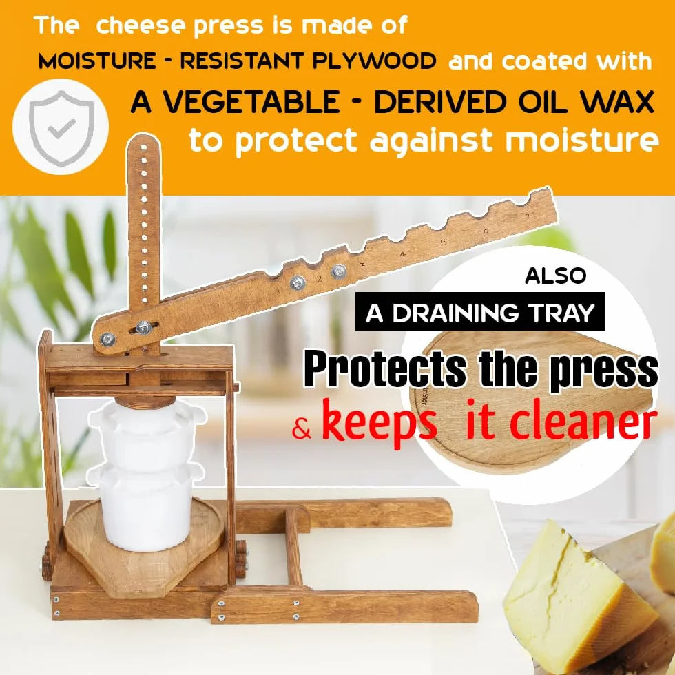 Dutch Wooden Cheese Press - Cheese Making Kit with Lever, 2 Cheese Molds & 200 lbs Pressure