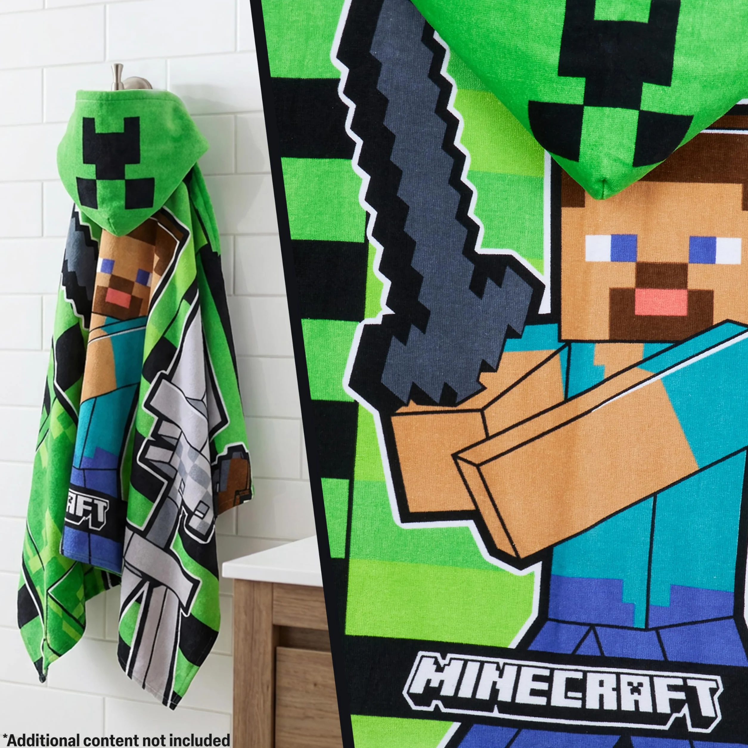 Minecraft Ręcznikowe ponczo dziecięce nastolatki ręczniki kąpielowe z kapturem chłonny ręcznik plażowy (zielony/czarny, 6-14 lat)