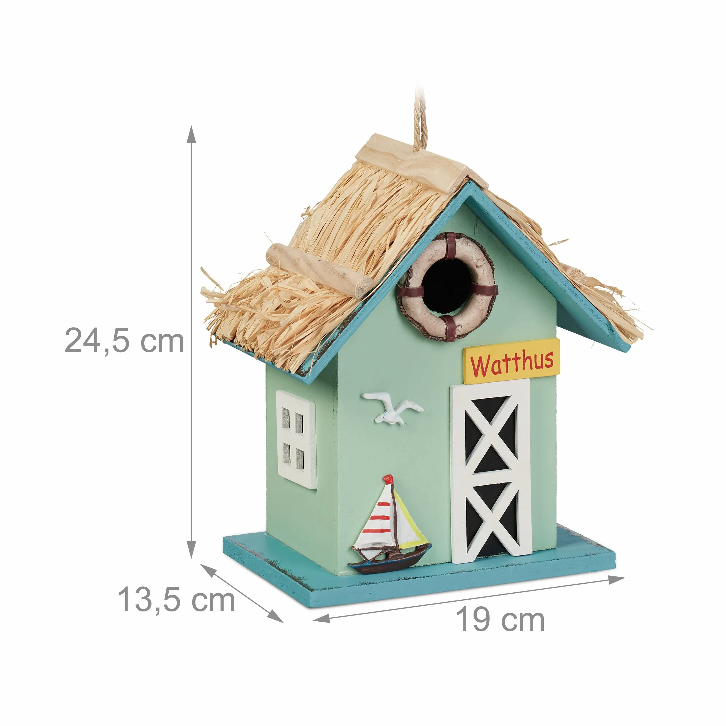Relaxdays Dekoracyjny domek dla ptaków, domek plażowy, drewno, do zawieszenia, wys. x szer. x gł.: 24,5 x 19 x 13,5 cm, willa dla ptaków do ogrodu, kolorowy
