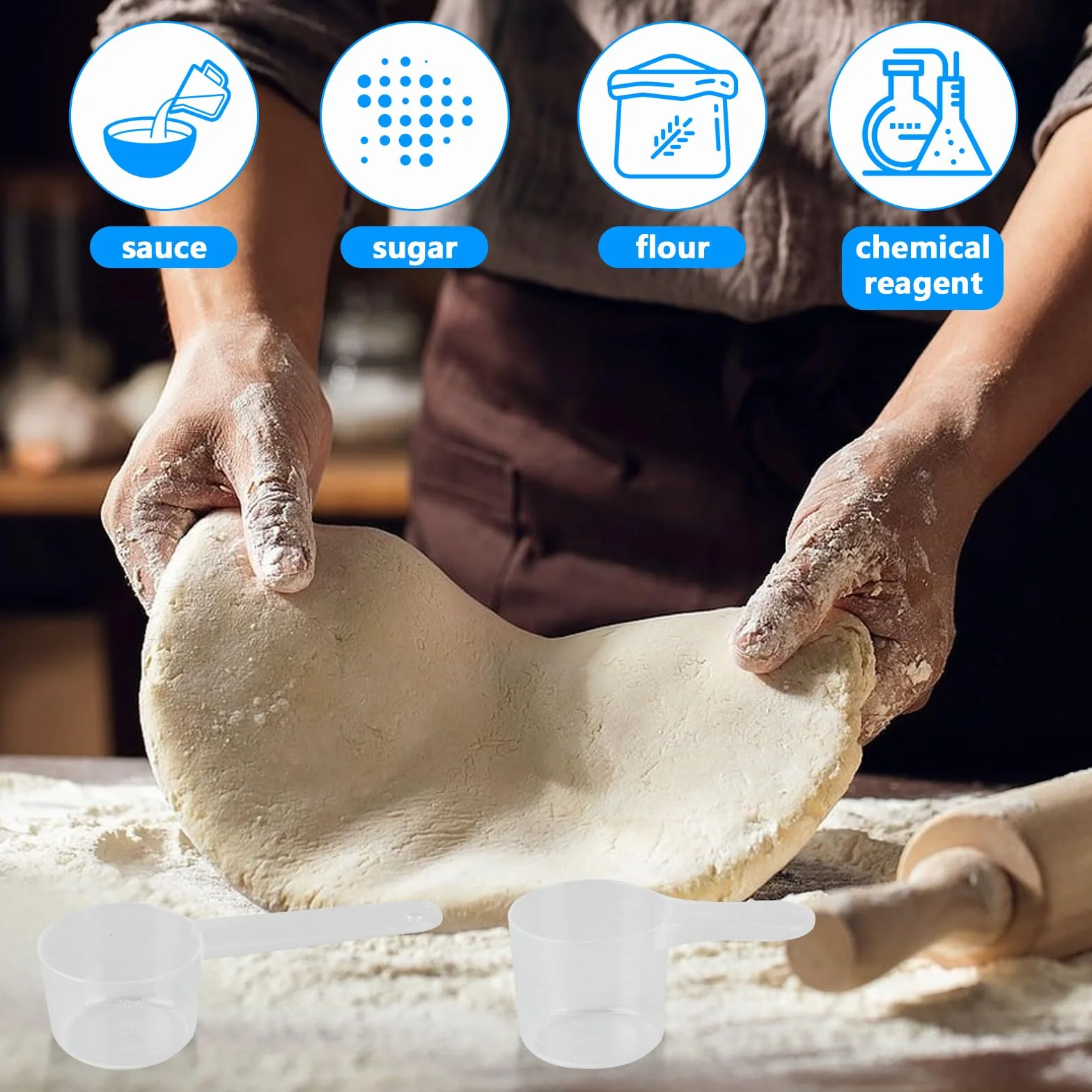 4 szt. Łyżka z dozownikiem, łyżki miarki, 40 ml, 50 ml, 70 ml, 100 ml łyżki przezroczyste plastikowe dozowniki ze skalą, łyżki kuchenne miarki do białka w proszku mąki
