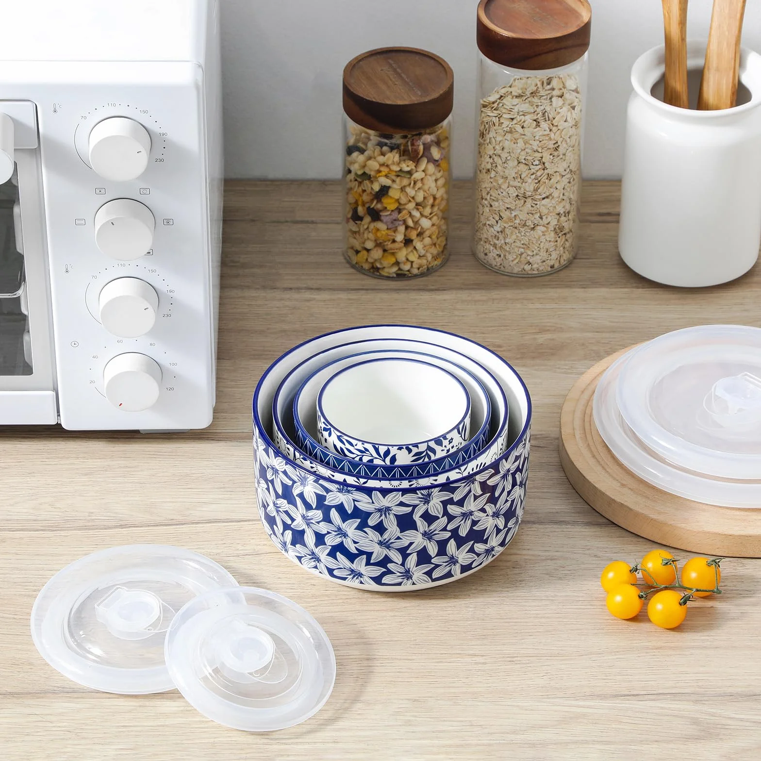 Vancasso miska do sałaty z pokrywką 4-częściowa ceramiczna niebiesko-biała
