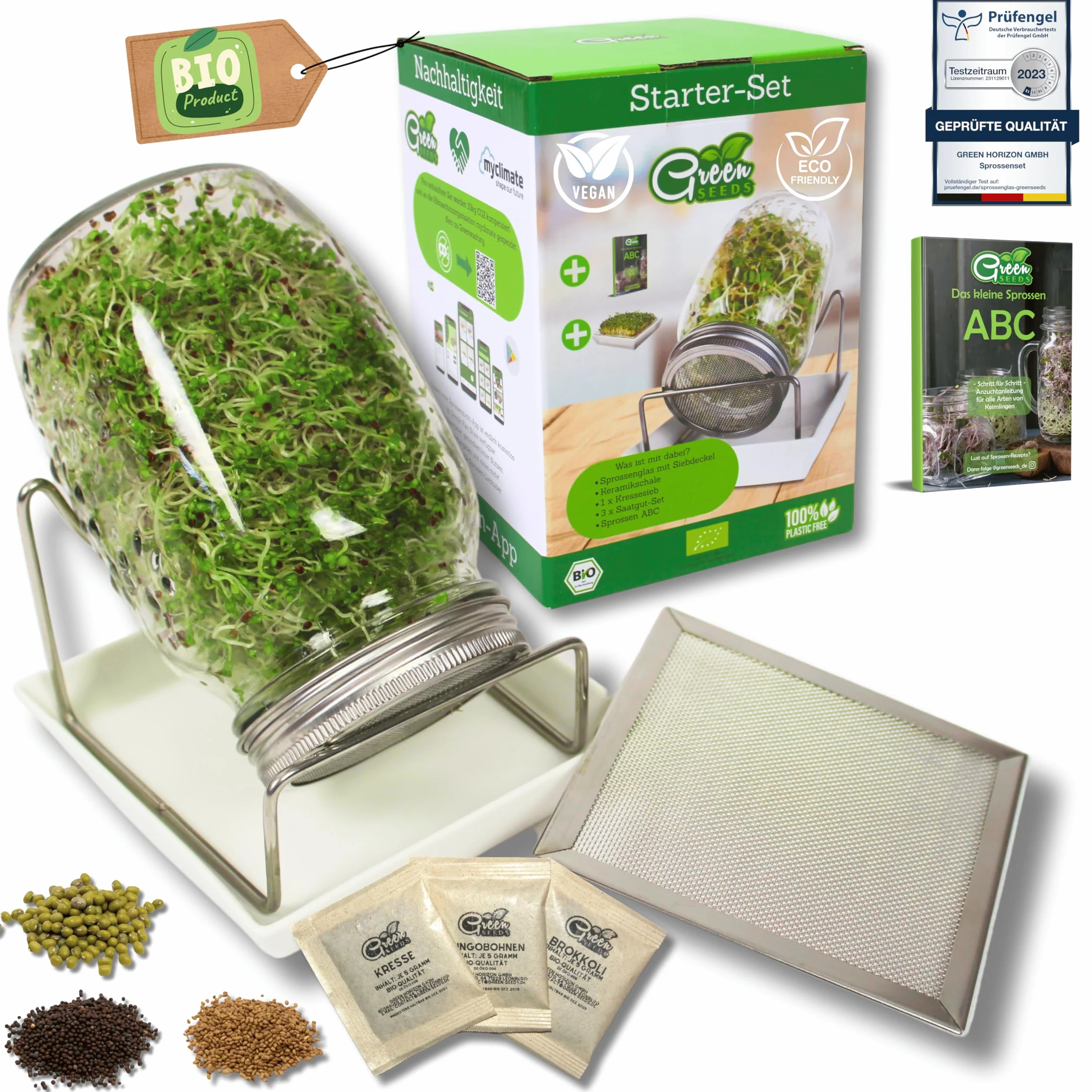 Green SEEDS Oryginalny zestaw startowy ze słoikiem ze szczebelkami + sitkiem do kiełkowania | 1000 ml z wysokiej jakości pokrywą z siatki ze stali nierdzewnej, stojakiem, miską ceramiczną + ABC
